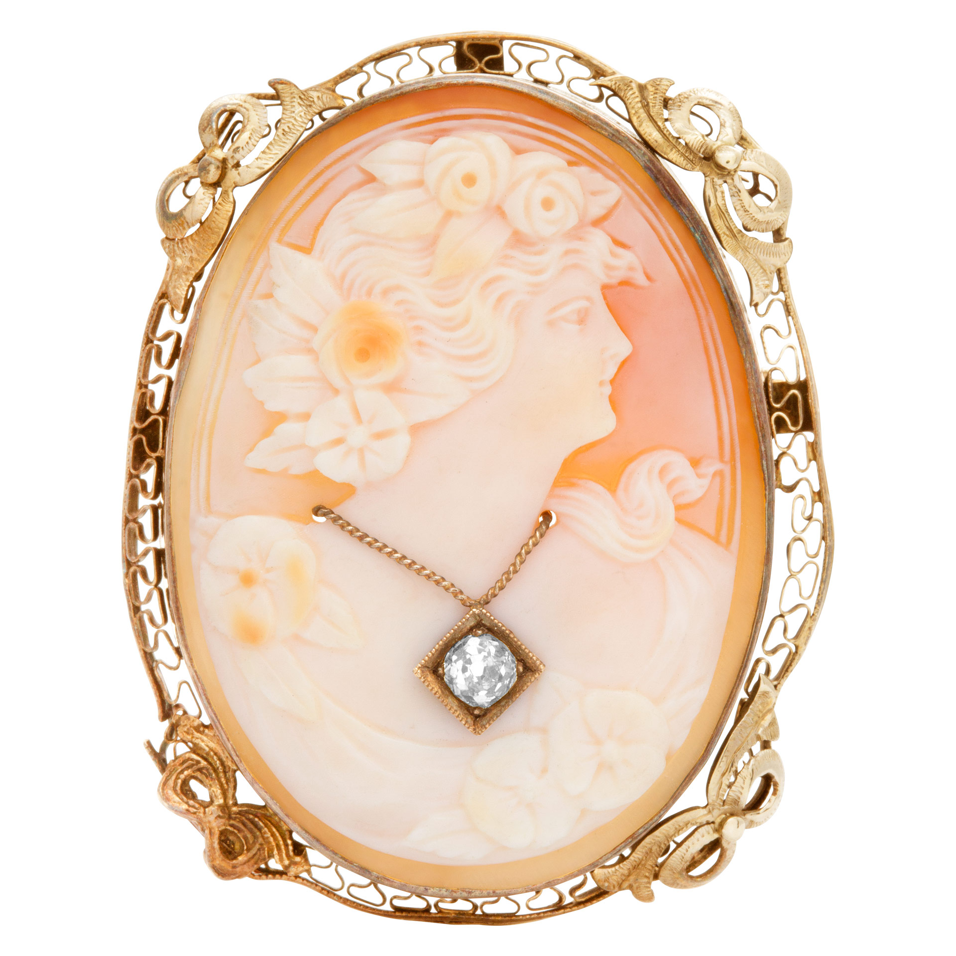 Antique 14k gold cameo with a diamond stud