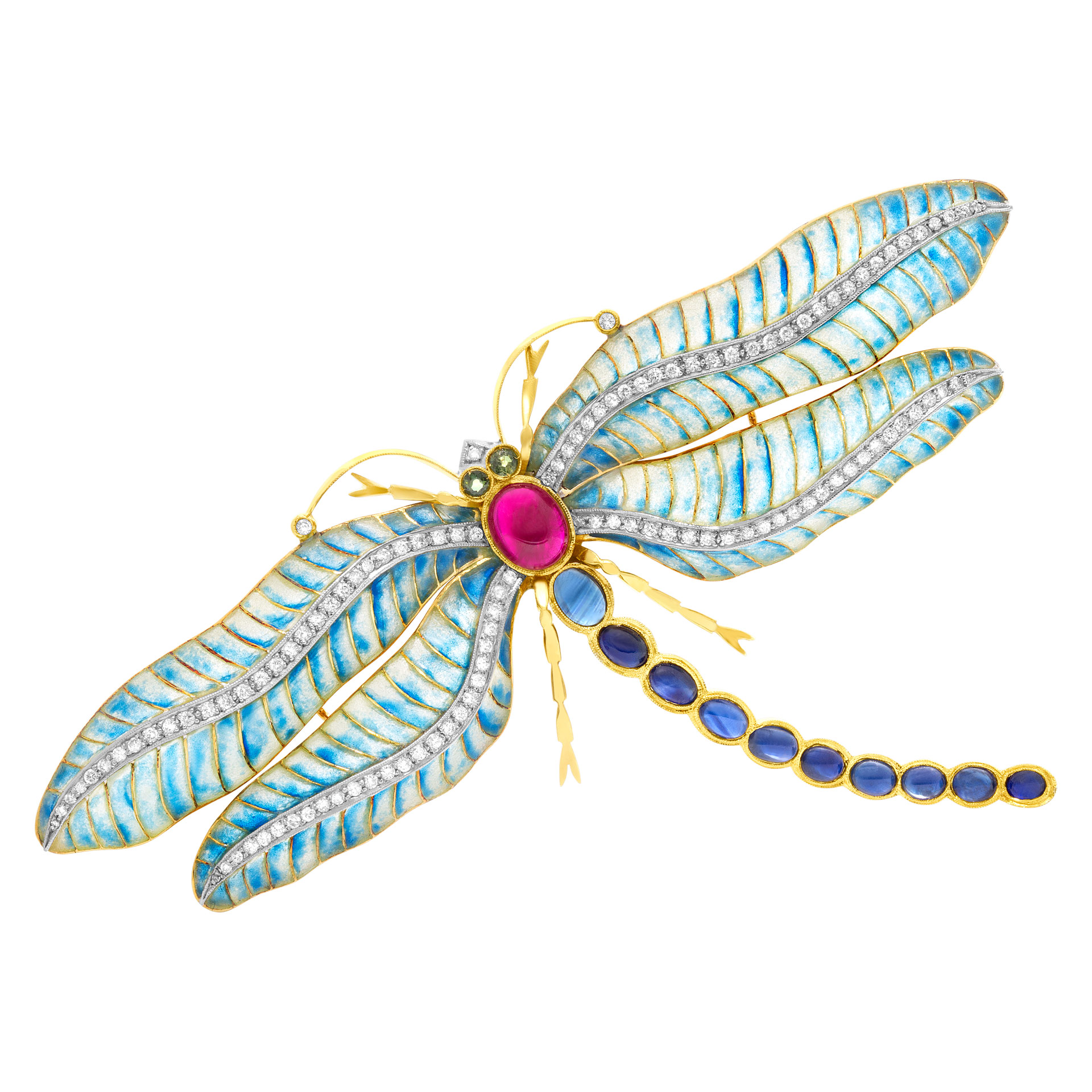 Dragonfly in 18k with 2.25 cts in diamonds, 1.50 ct in cabochon ruby, enamel and sapphires