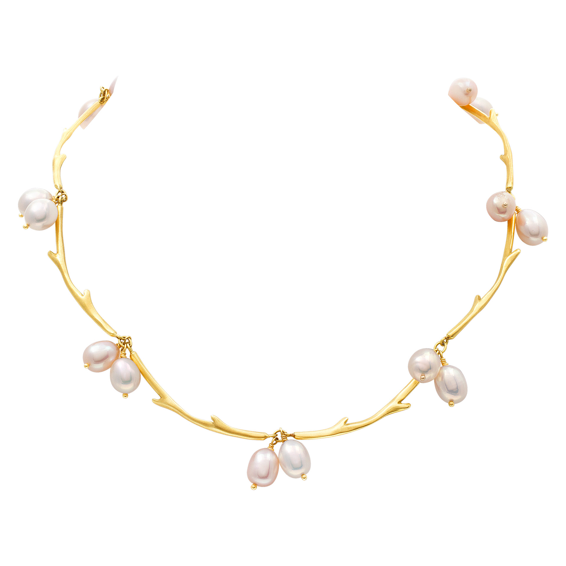 Oval fresh water pearls necklace in 18k gold. 9.5 x 10mm pearls. 15 inches.