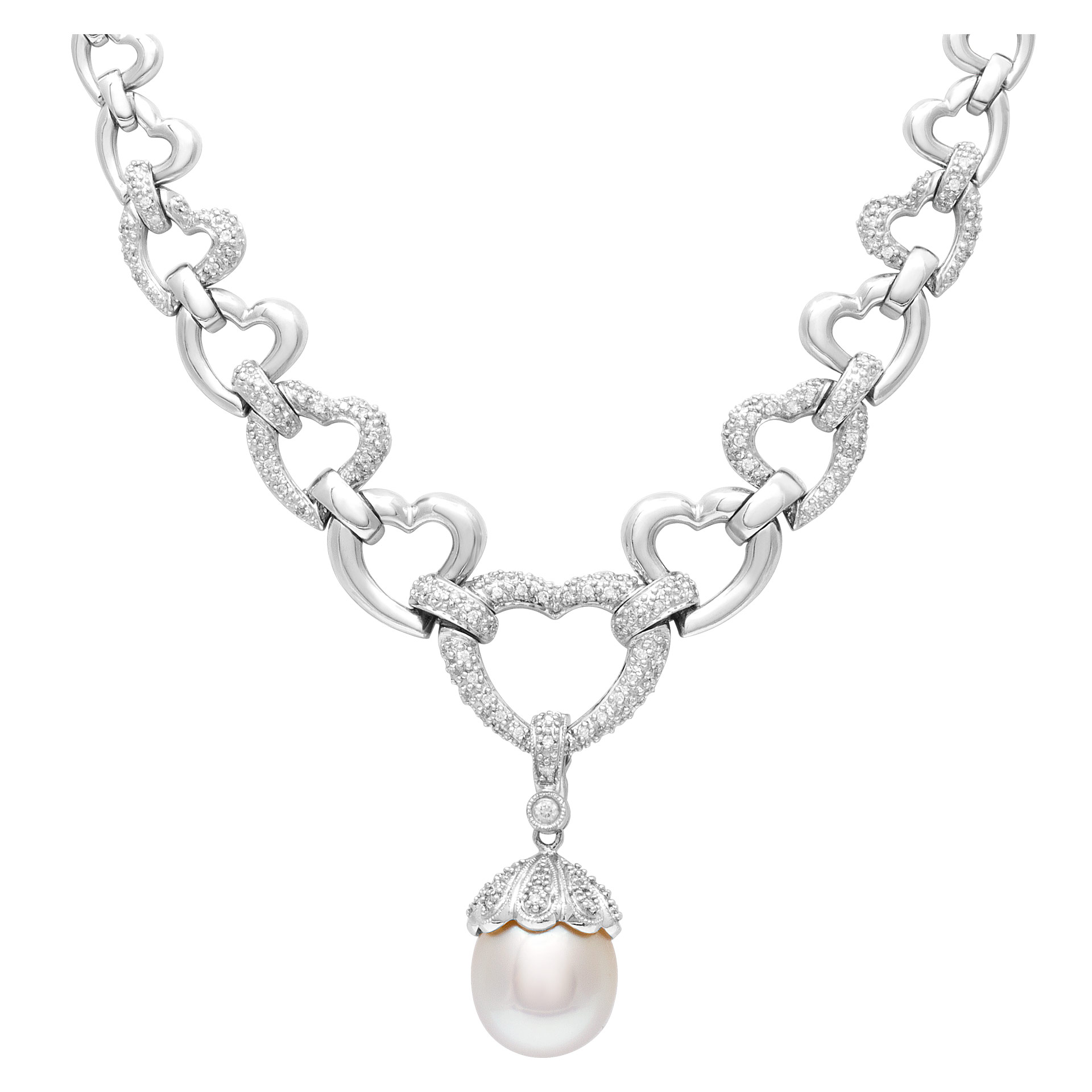 South Sea pearl & diamonds heart links necklace, in 14k white gold. South Sea pearl: 12 x 12.5mm, over 1.00 round brilliant cut diamonds