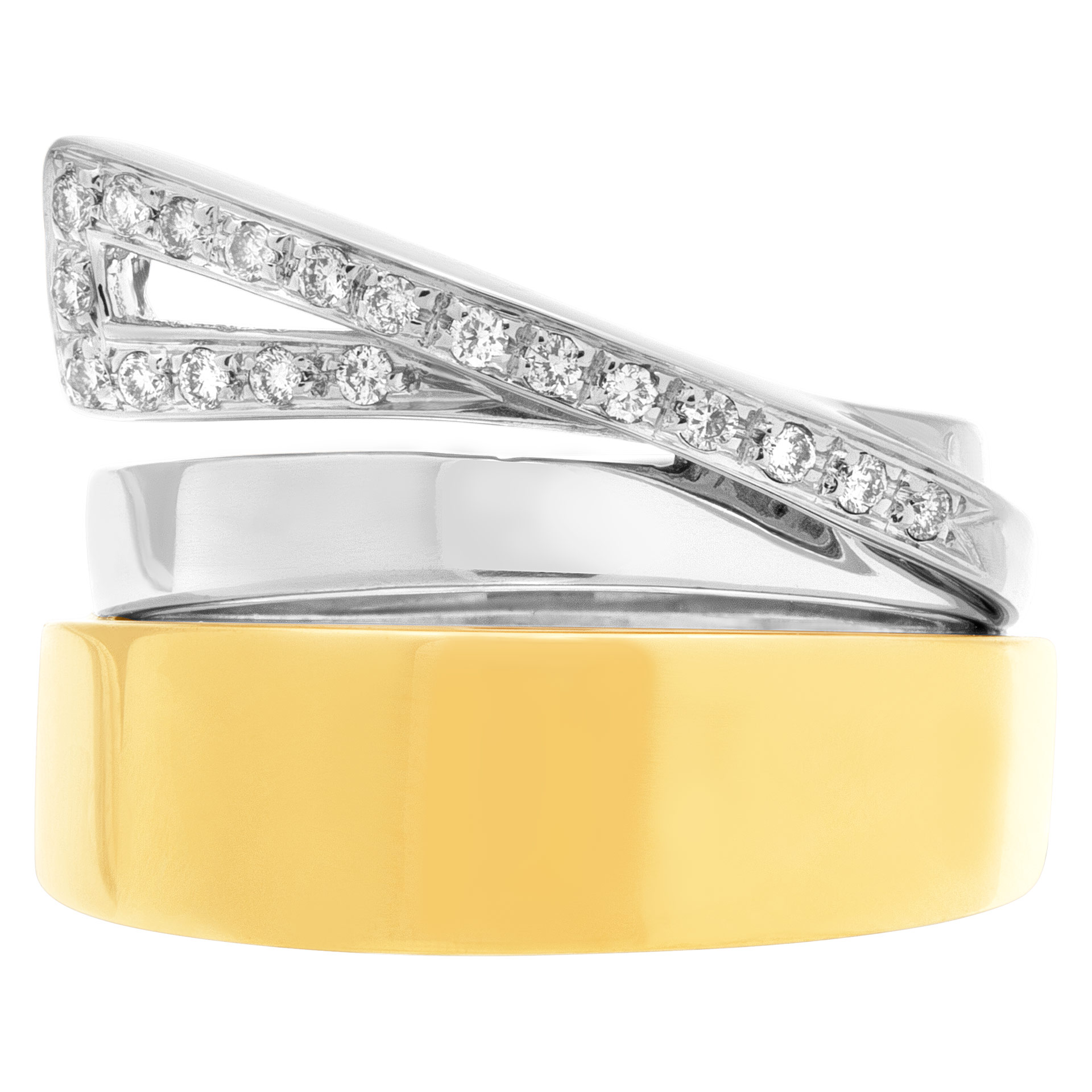  Stack ing in 18k white and yellow gold with diamond swirl