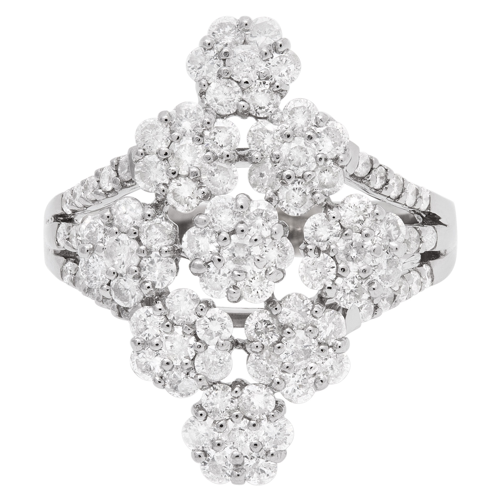 Elegant diamond flower ring with over 1 carat in diamonds in 18k white gold
