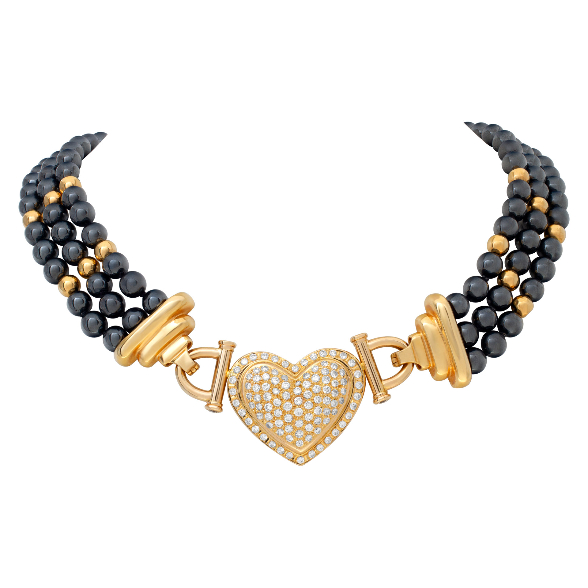 Three rows of metal grey Hematite & 14Kt beads necklace with large pave diamond heart. Diamonds approx. weight: 3.50 carats)