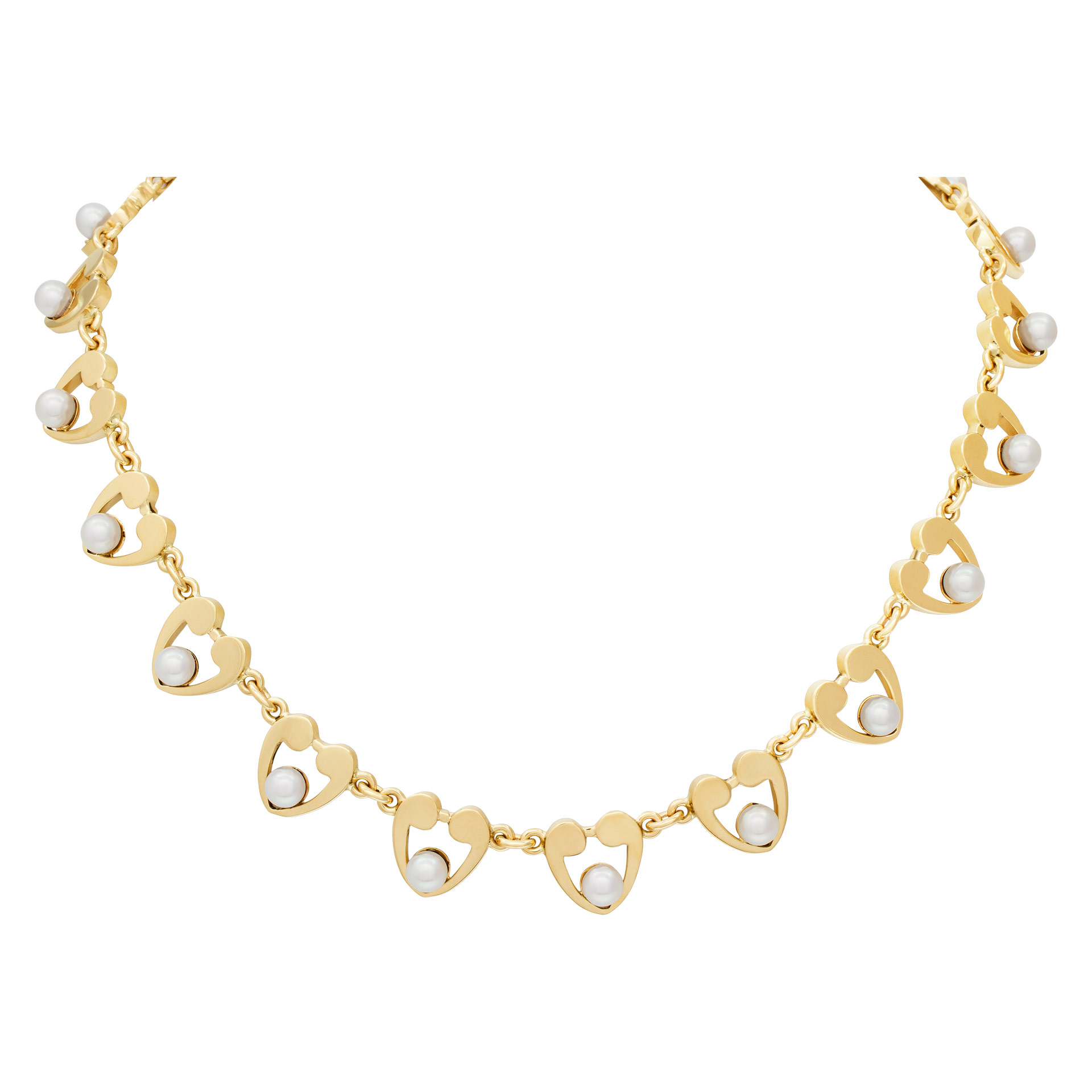 Cultured pearls (5x5.5mm) and sytlish heart design necklace in soild 14k yelllow gold. Choker necklace length: 15''.