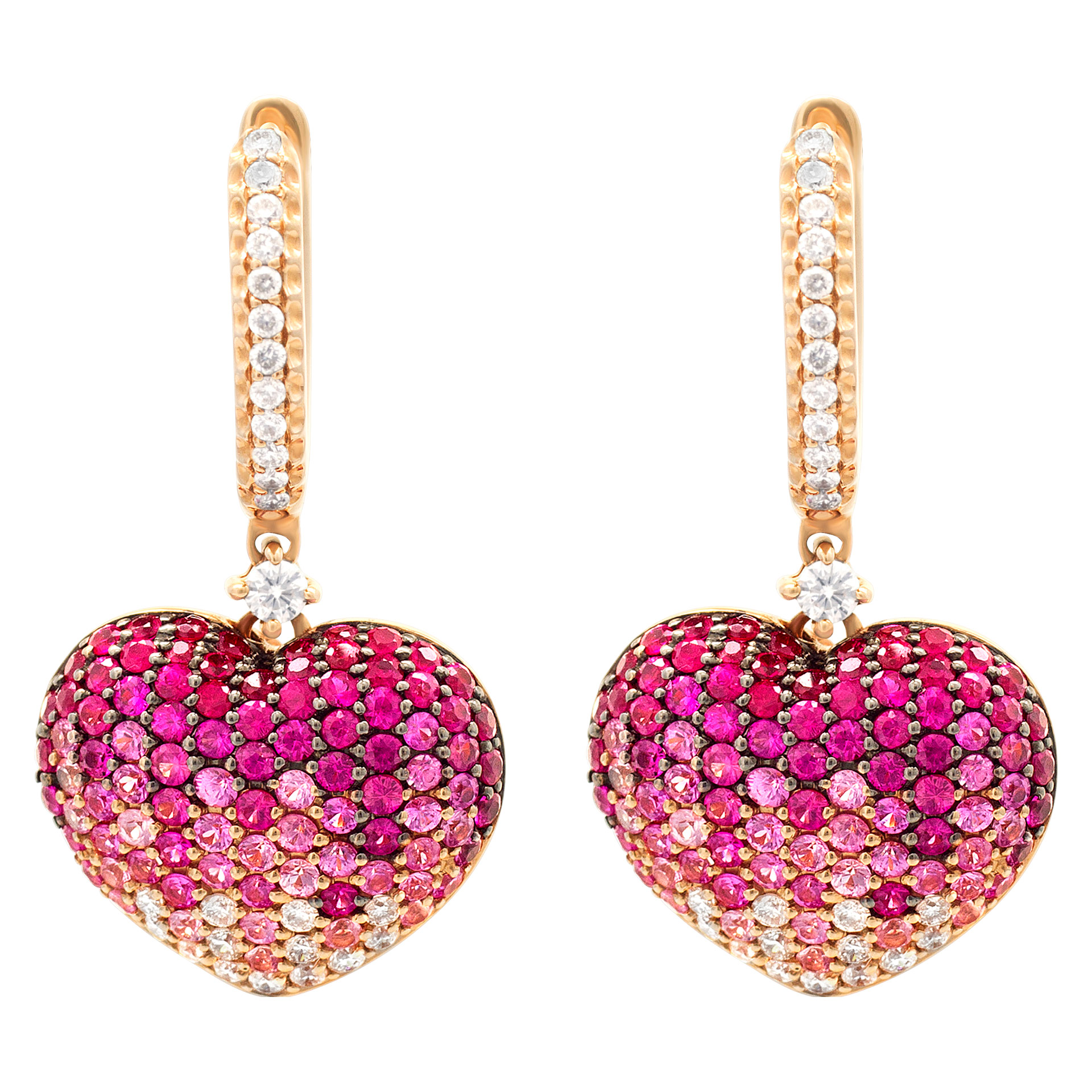 Heart shaped ruby, sapphire and diamond earrings in 18k pink gold