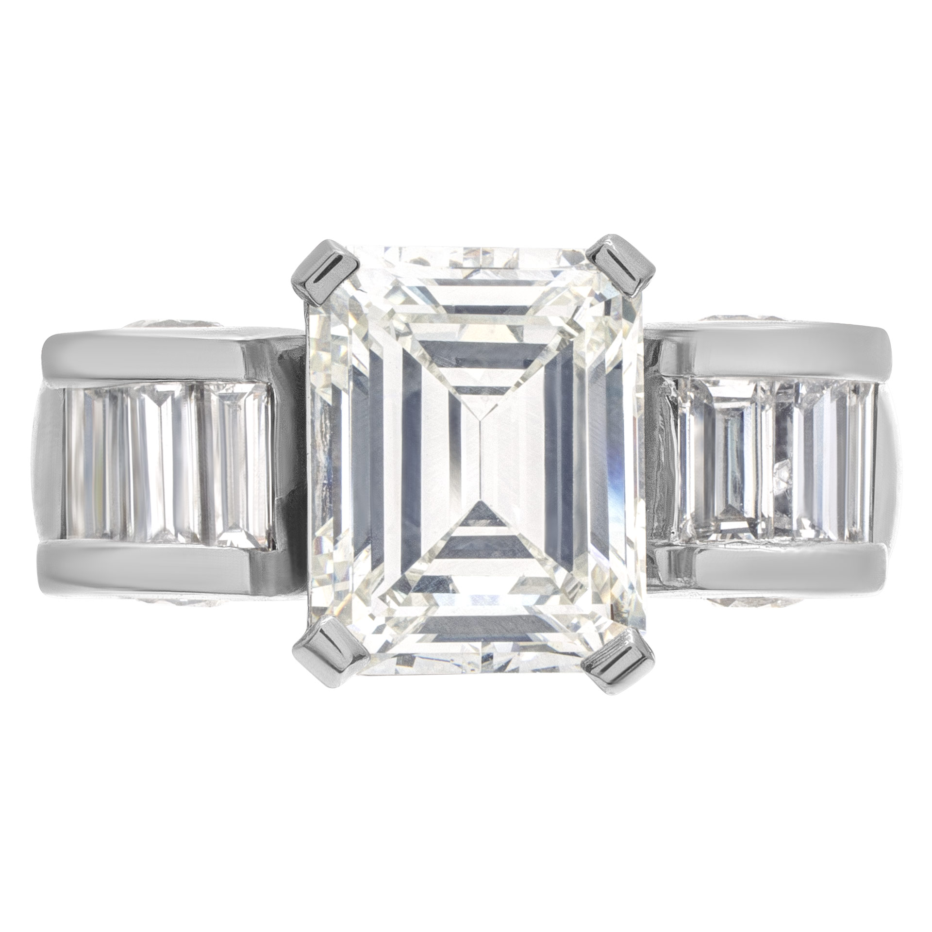 GIA certified Emerald cut 2.33 carat diamond (J color, VVS2 clarity) ring in platinum with 2 tapered