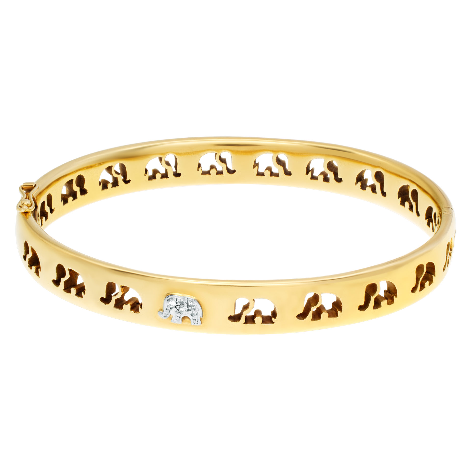 Signed "C'est Laudies" Elephant Bangle with diamond accents in 18K Yellow gold .