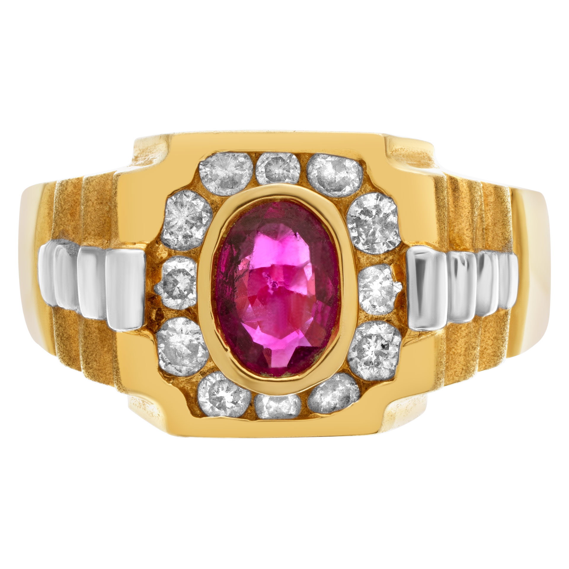 "President" style ring with oval ruby center accented with approximately 0.35 cts in diamonds