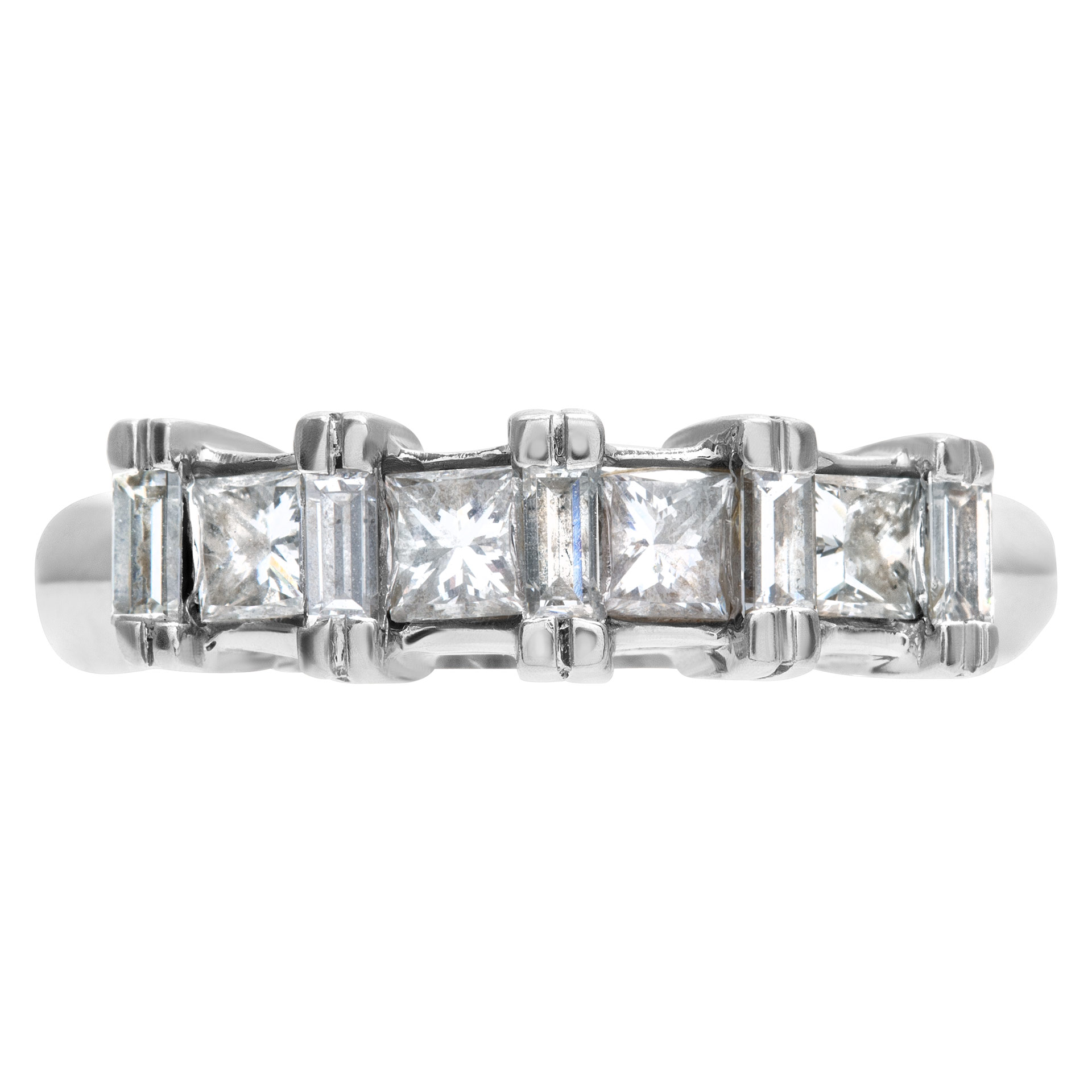 Fancy 14k white gold Ring with 0.85 cts of princess cut diamonds and baguettes.