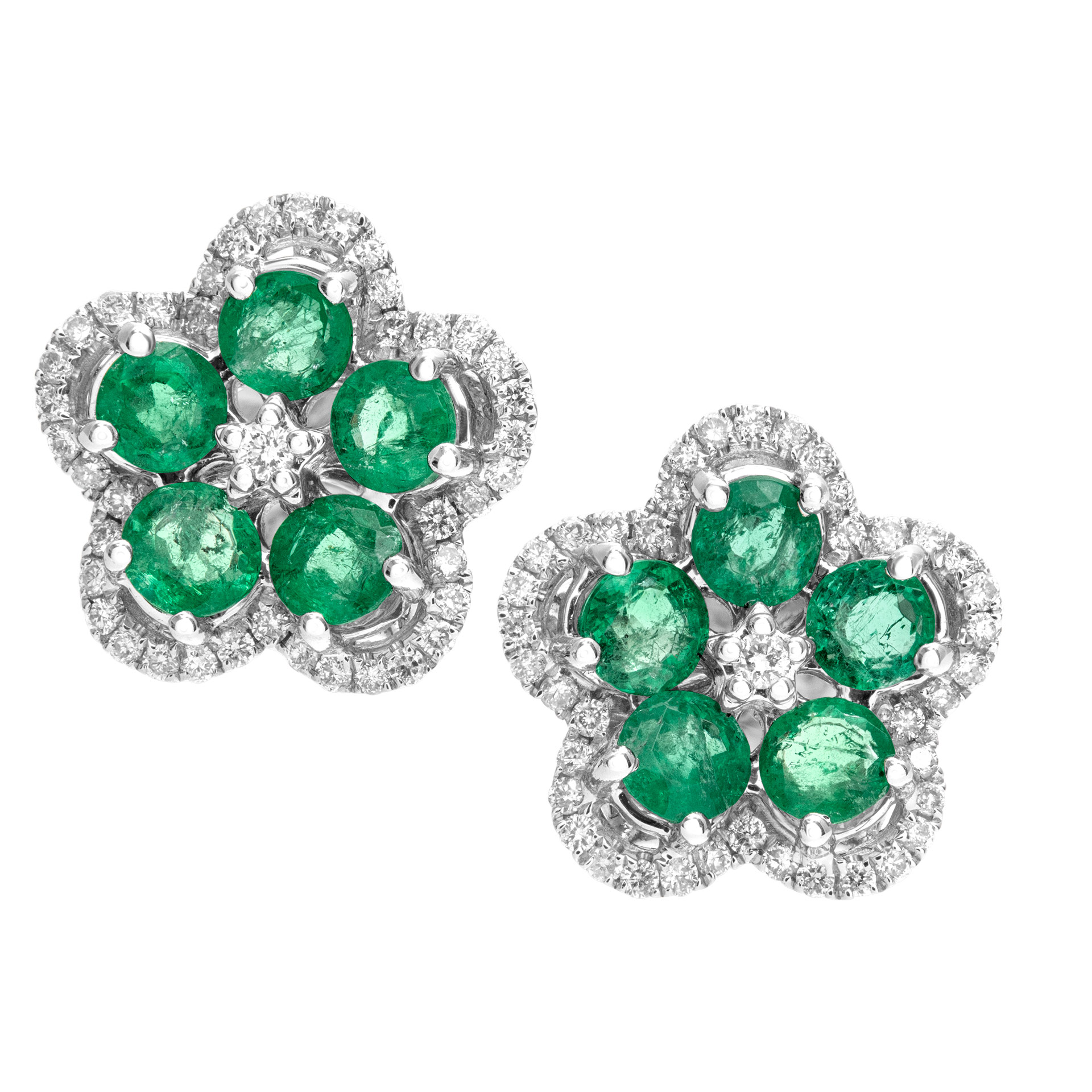 Emerald and diamond flower earrings in 18k white gold