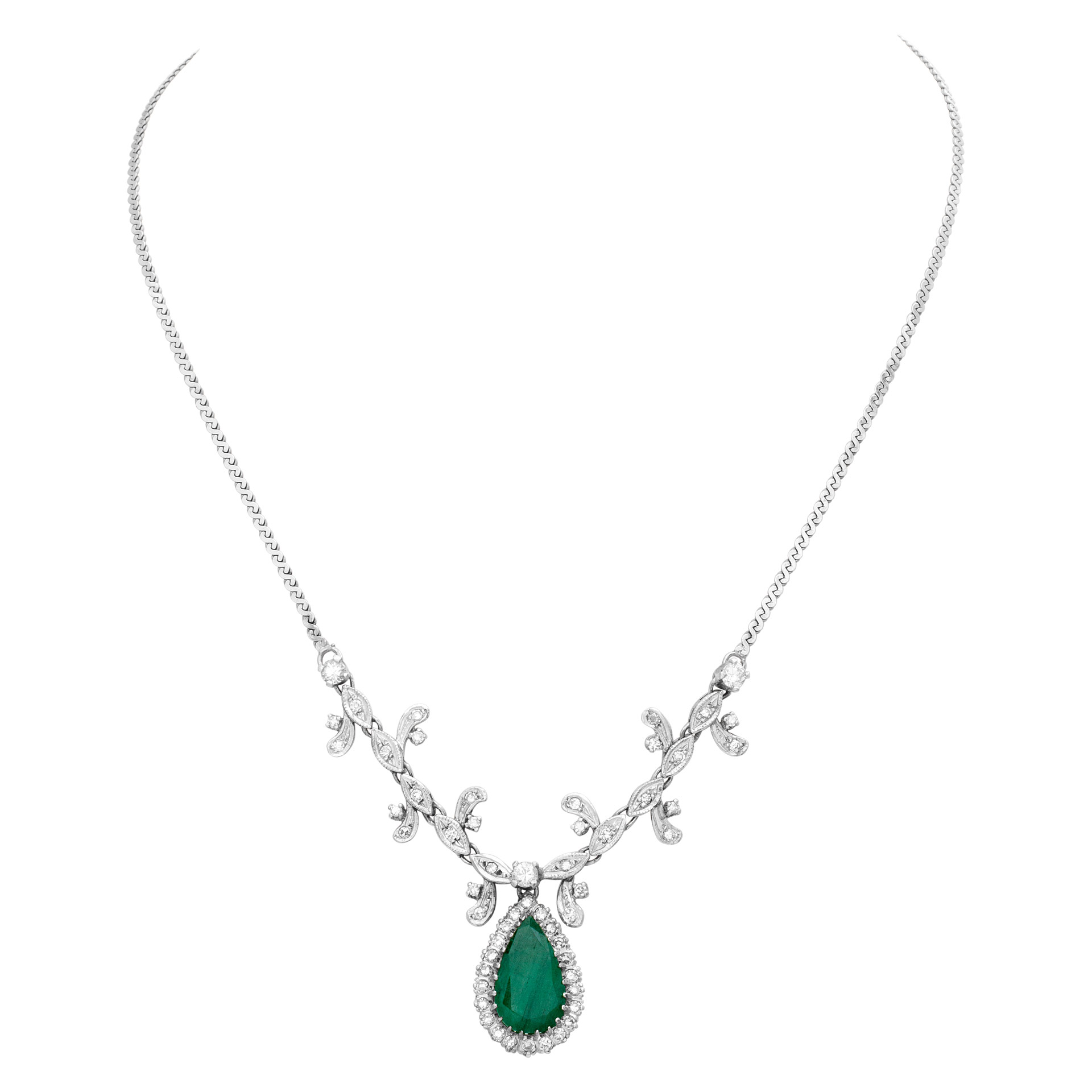 Teardrop Emerald necklace with diamonds set in 18k white gold.
