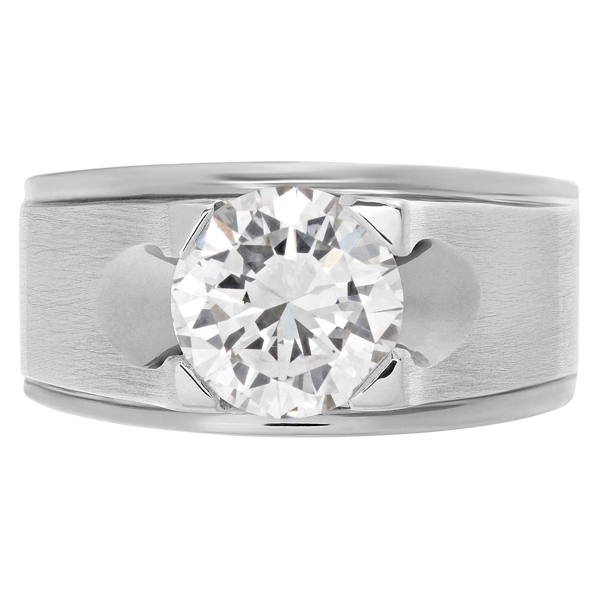 GIA certified 2.01 carat (K color, VVS2 clarity) round brilliant cut diamond in an 18k white gold Gypsy setting.