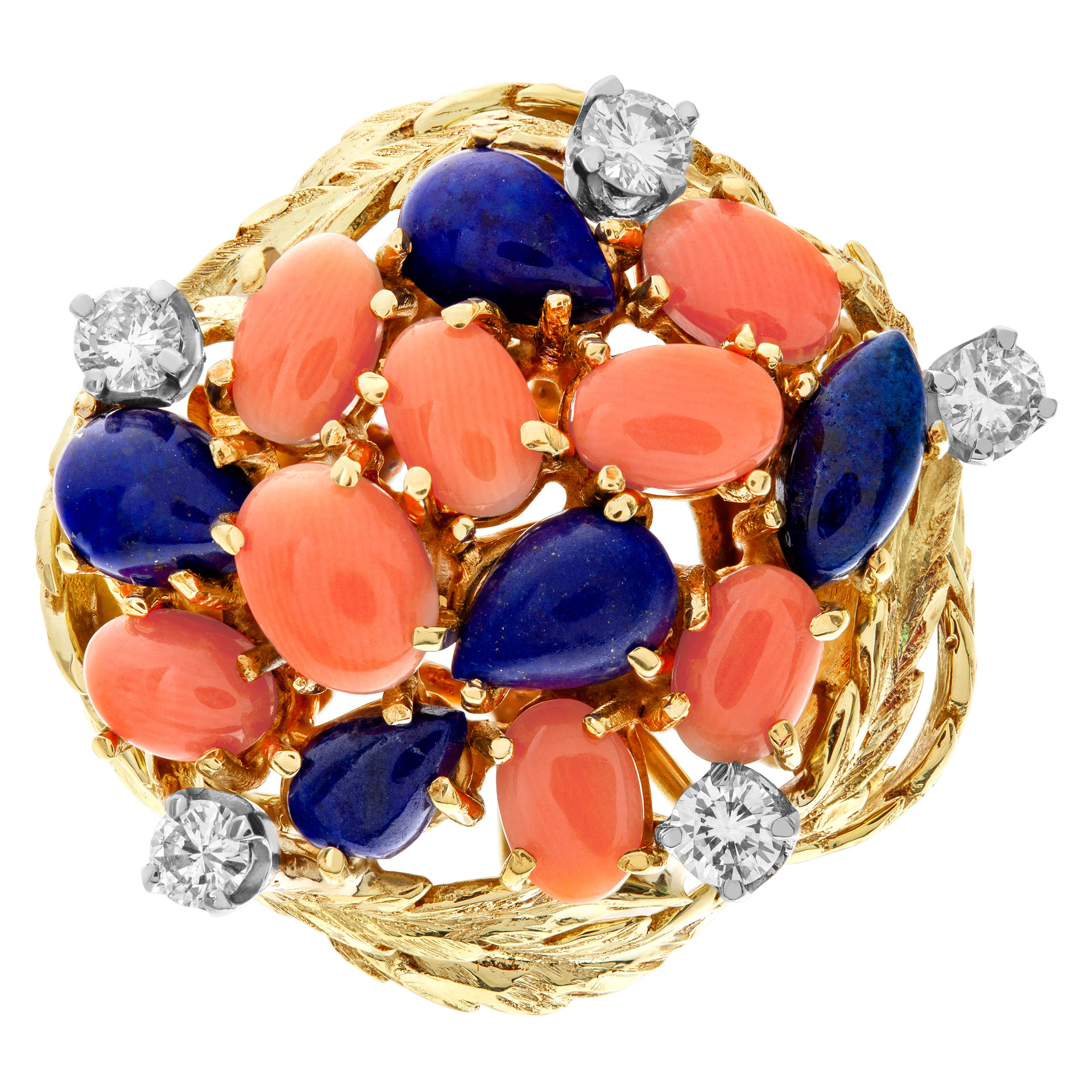 Lapiz lazuli & coral garden ring in 18k yellow gold with diamond accents