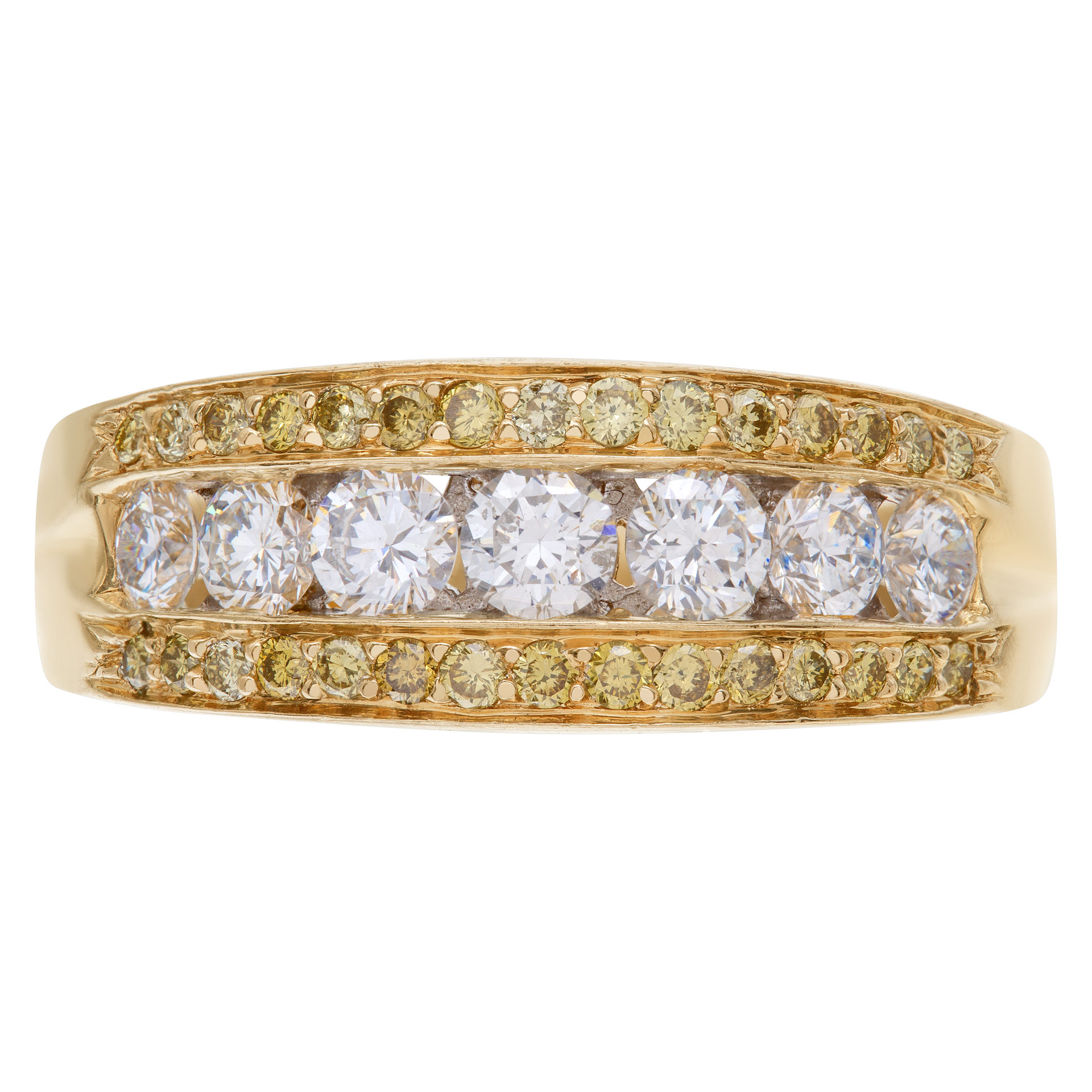 Exquisite Diamond wedding ring with 7 full cut round brilliants diamonds set in 14K yellow gold.