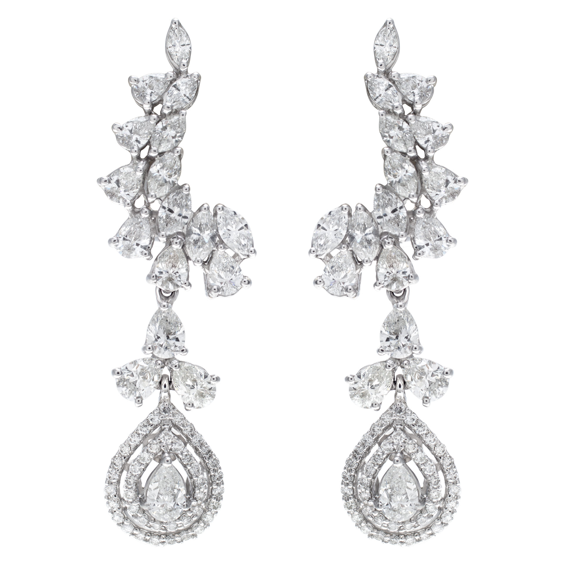 Brilliant marquise, pear, round cut diamond dangling earrings set in 18k white gold. Total diamonds approx. weight: 5.00 carats