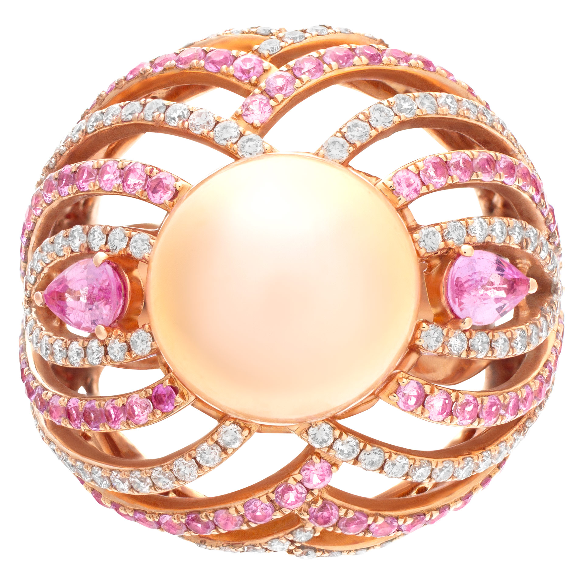 Bold and beautiful ESME cocktail ring with a center fresh water golden pearl of 11.5mm with pink sapphire accents of 1.78 carats and round cut G-H. SI1-SI2 diamond accents.