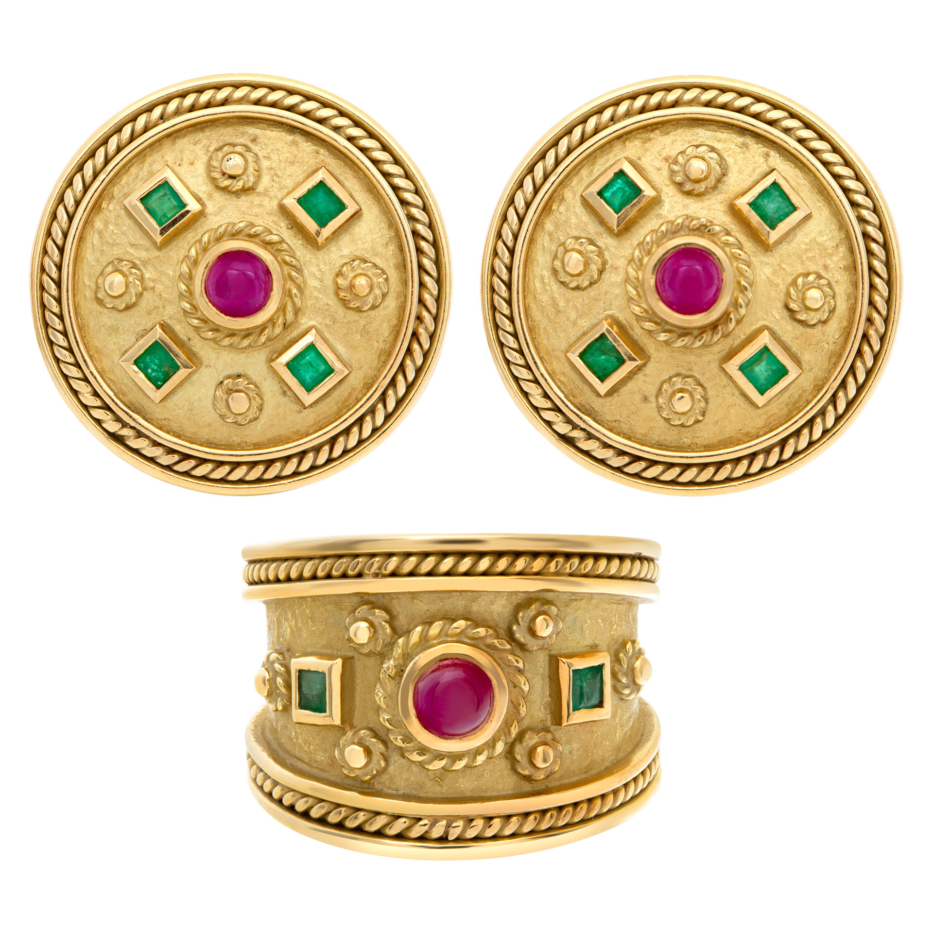 Azteca design earring & ring set in 18k yellow gold with cabachon rubies & square cut emeralds