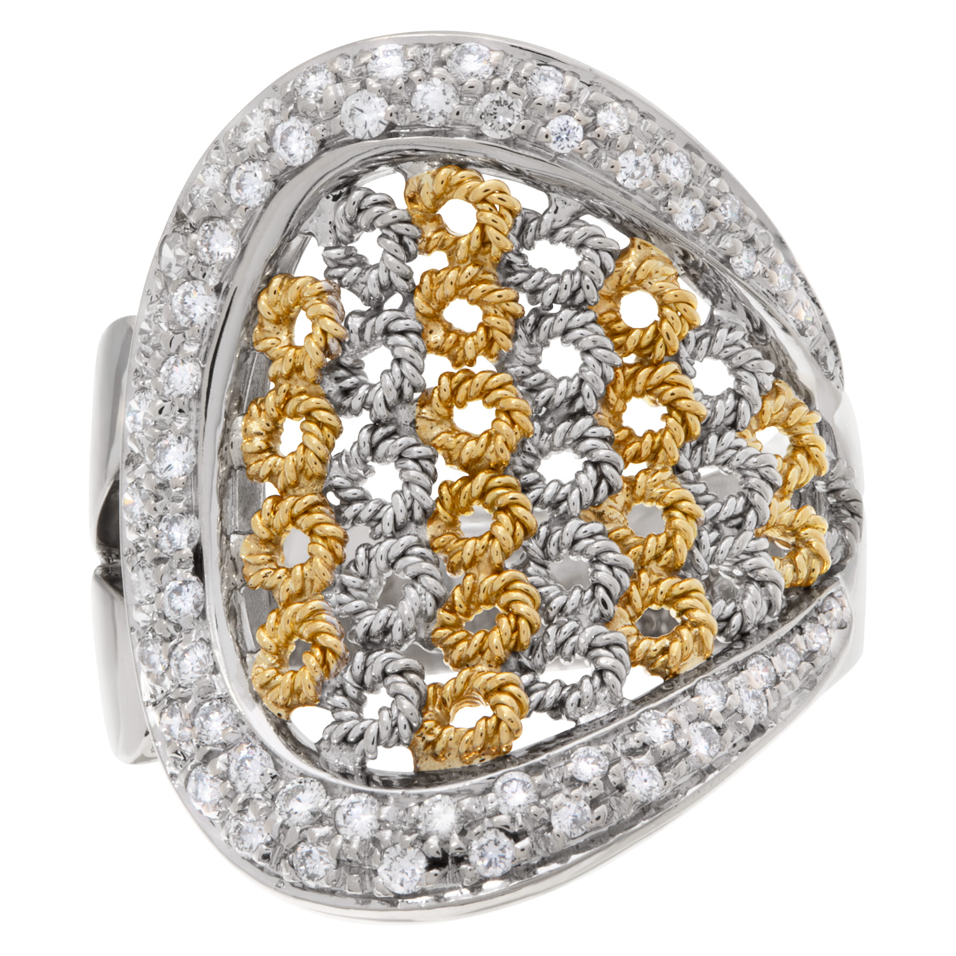 Basket weave with surrounding pave diamonds in 18k white and yellow gold