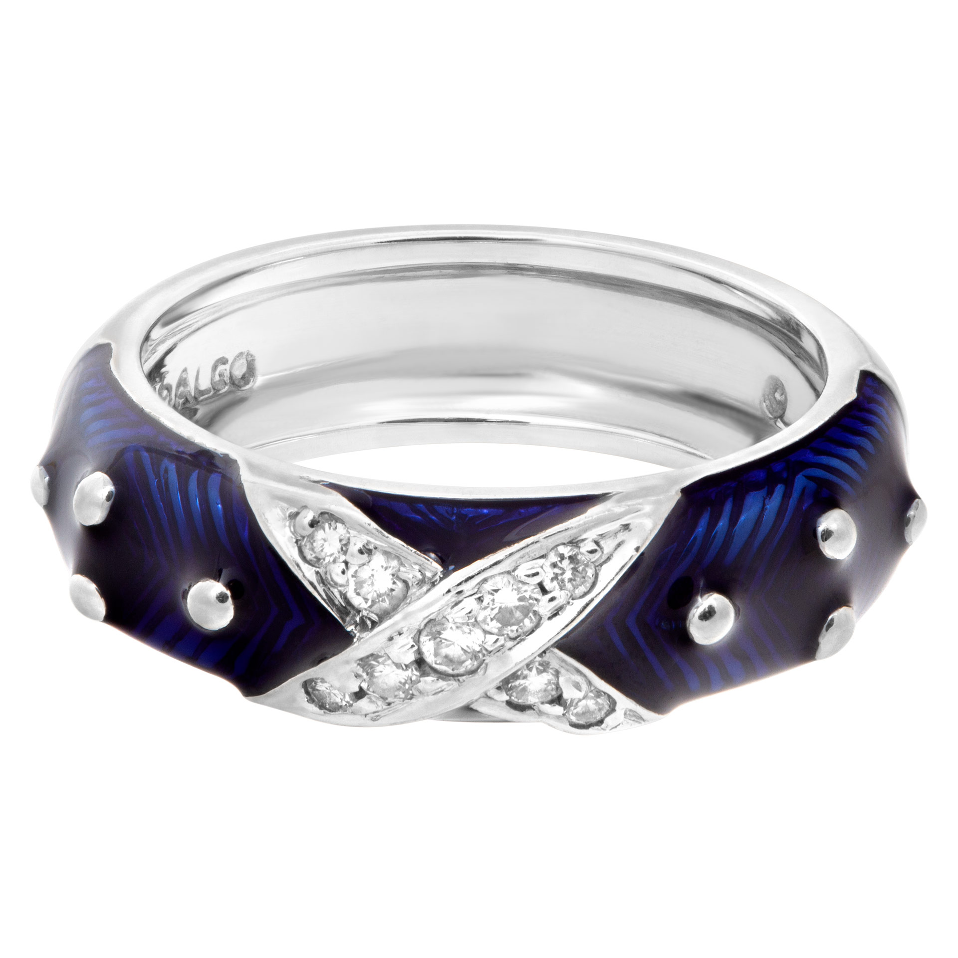 Diamond and blue enamel ring in 18k white gold