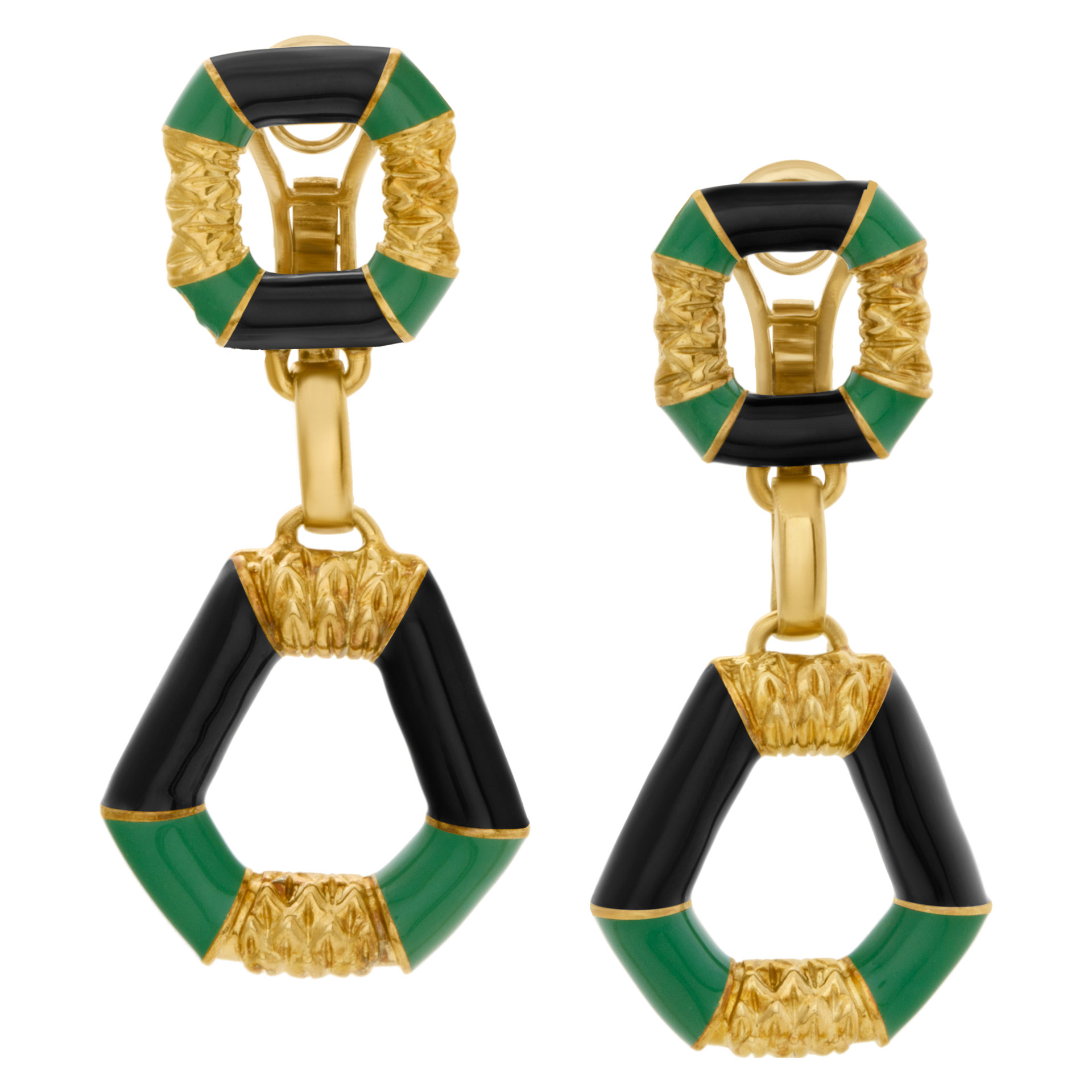 Colorful and fluted green and black enamel dangling earrings in 18k