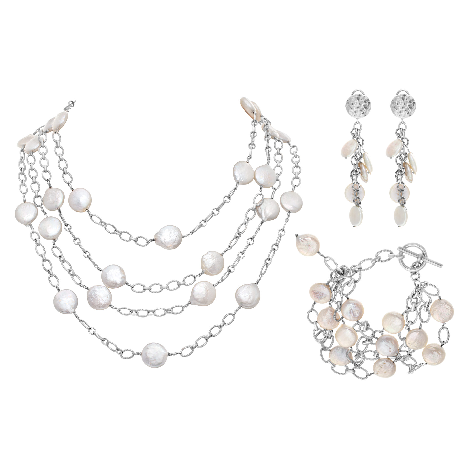 Set  with earrings, bracelet and necklace in 14k white gold with Mother of Pearl dots