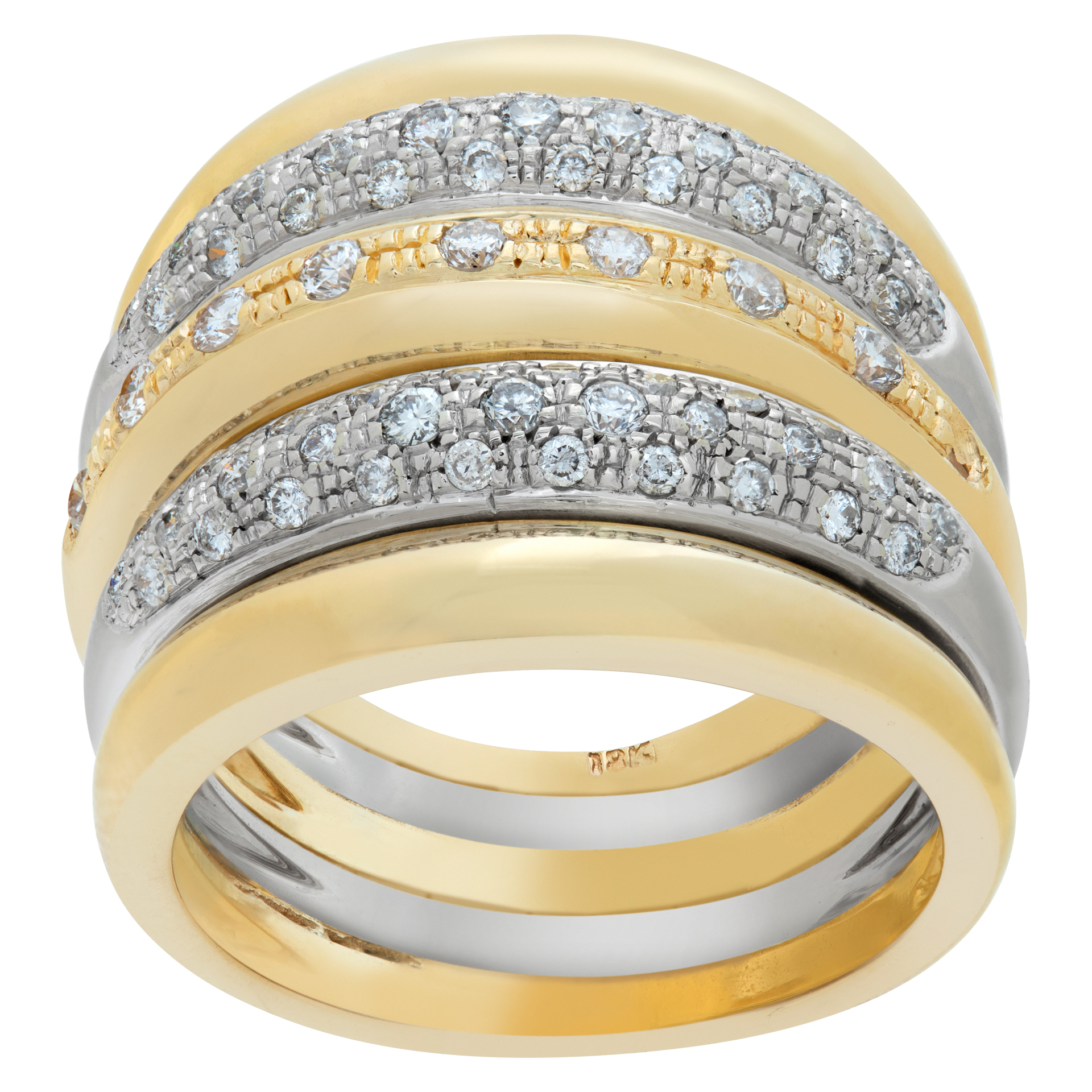 Wide diamonds ring in 18k white and yellow gold. Round brilliant cut diamonds total approx. weight: 1.00 carat,