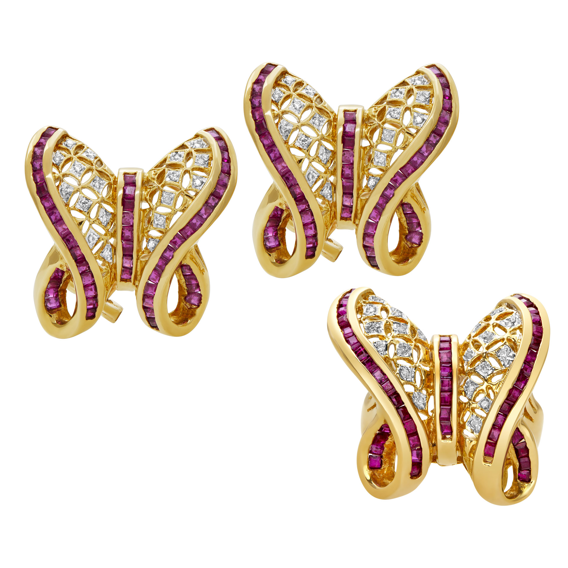 Butterfly Diamond and ruby Earring and Ring Set 14k yellow gold.