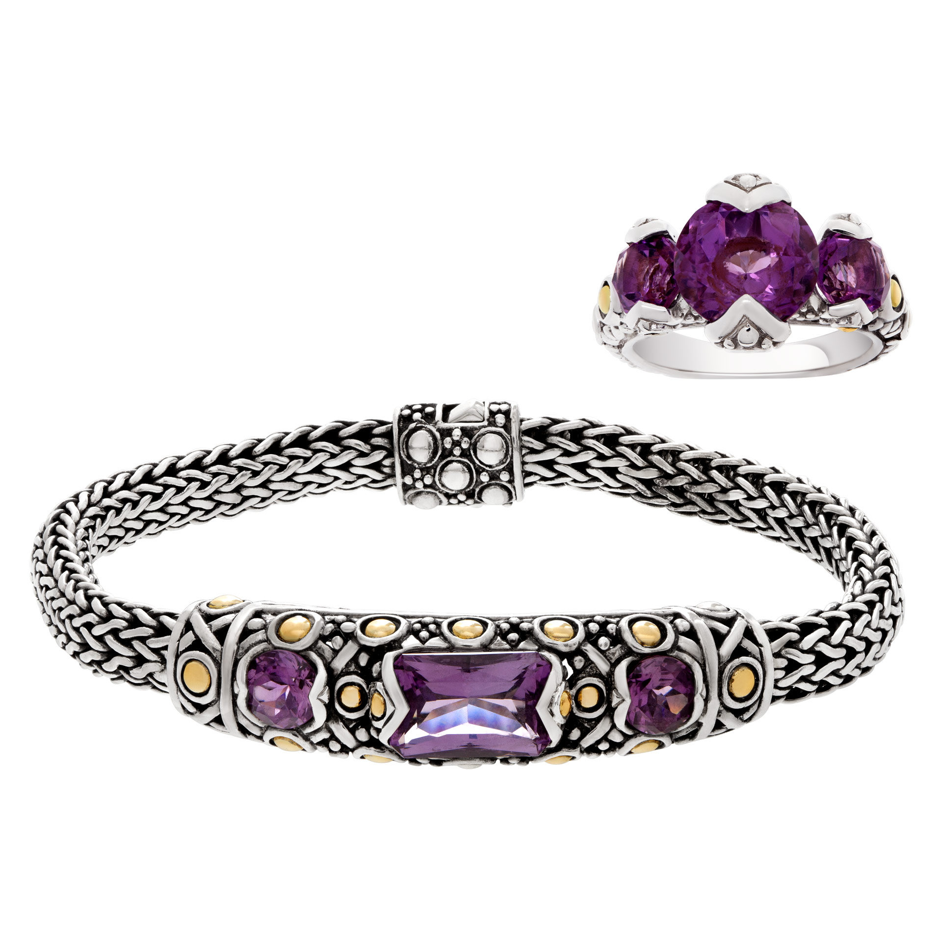 John Hardy bracelet and ring set with amethyst stones