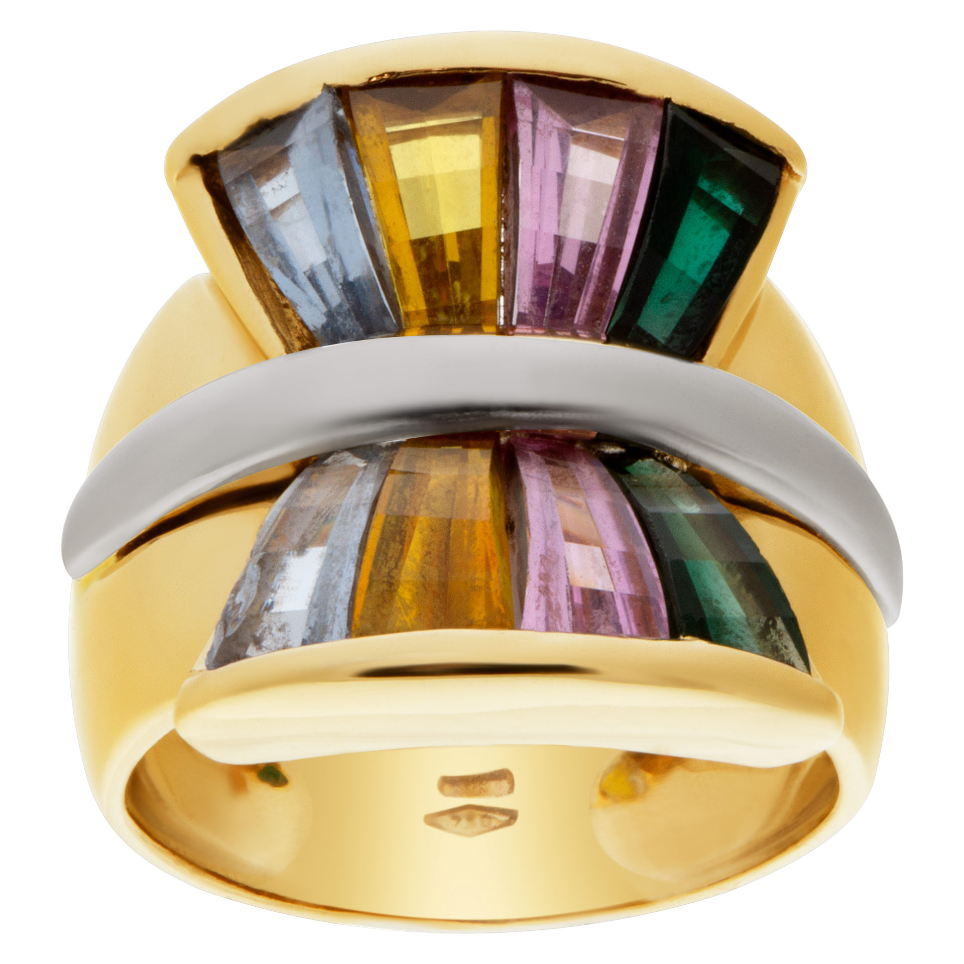 "Colorful Fan" tapered baguette cut colorful semi-precious stone ring in 14k