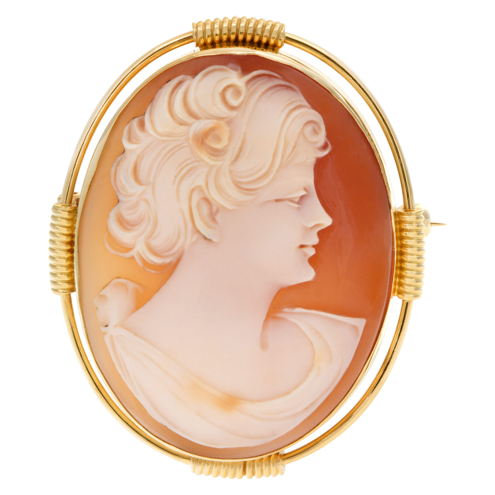 Shell Cameo pin/pendant portrait of a short hair lady set in 14k yellow gold.