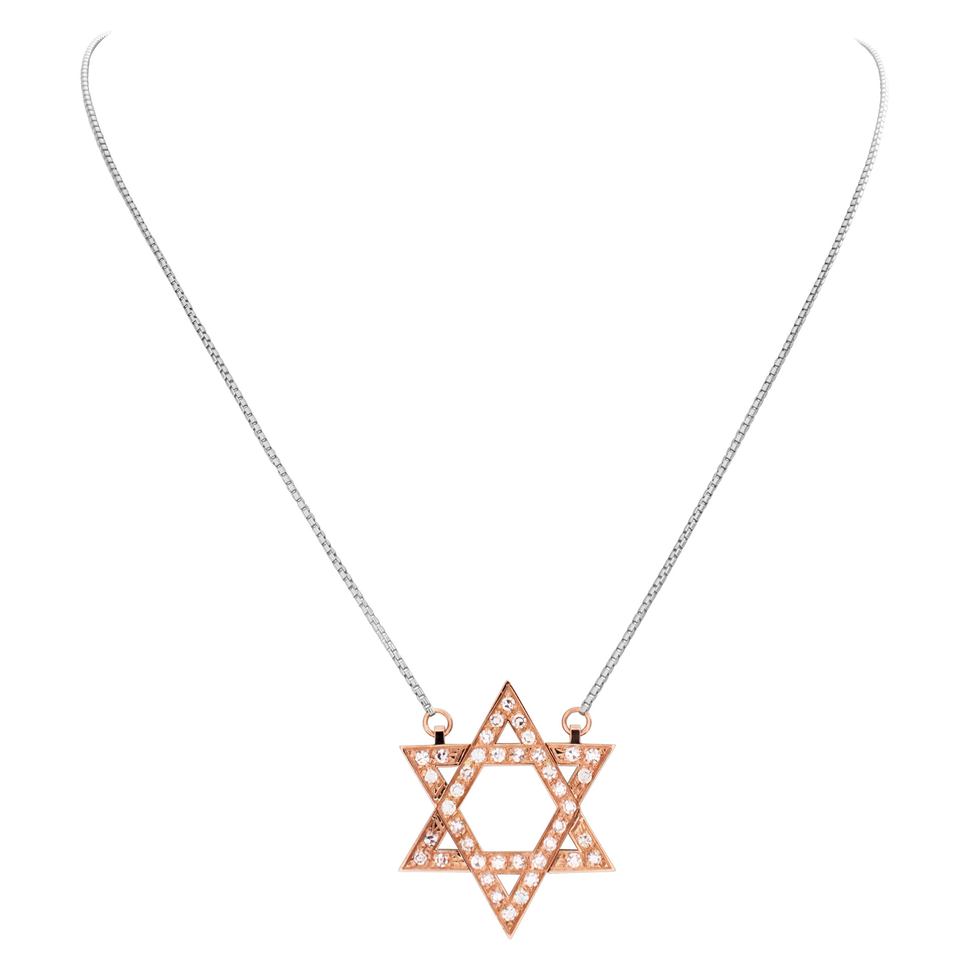 "Star of David" pendant with approximately 0.75 carat pave diamonds set in 18k rose gold with an 18k white gold chain