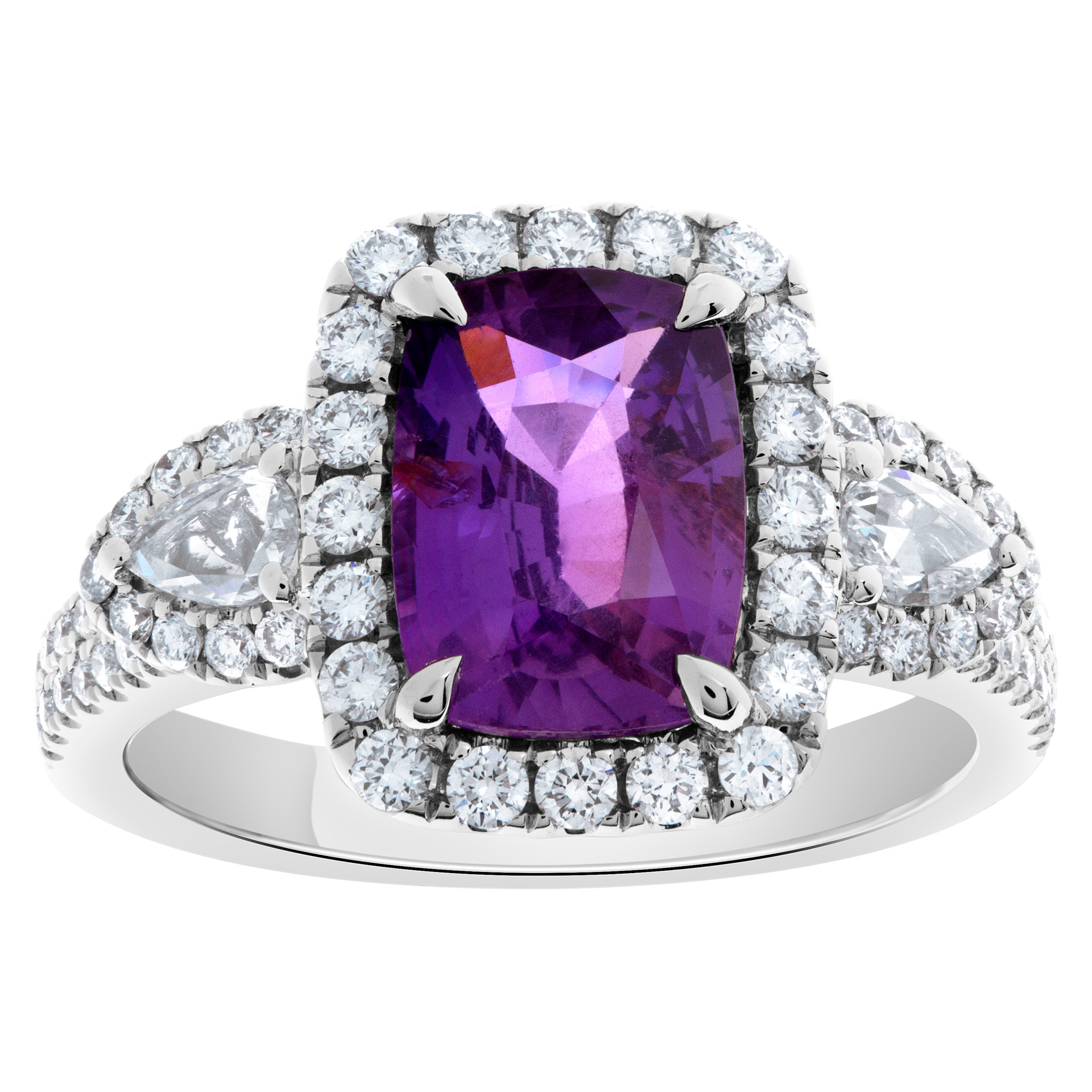 Cushion cut natural purple sapphire and diamond ring set in 18K white gold.