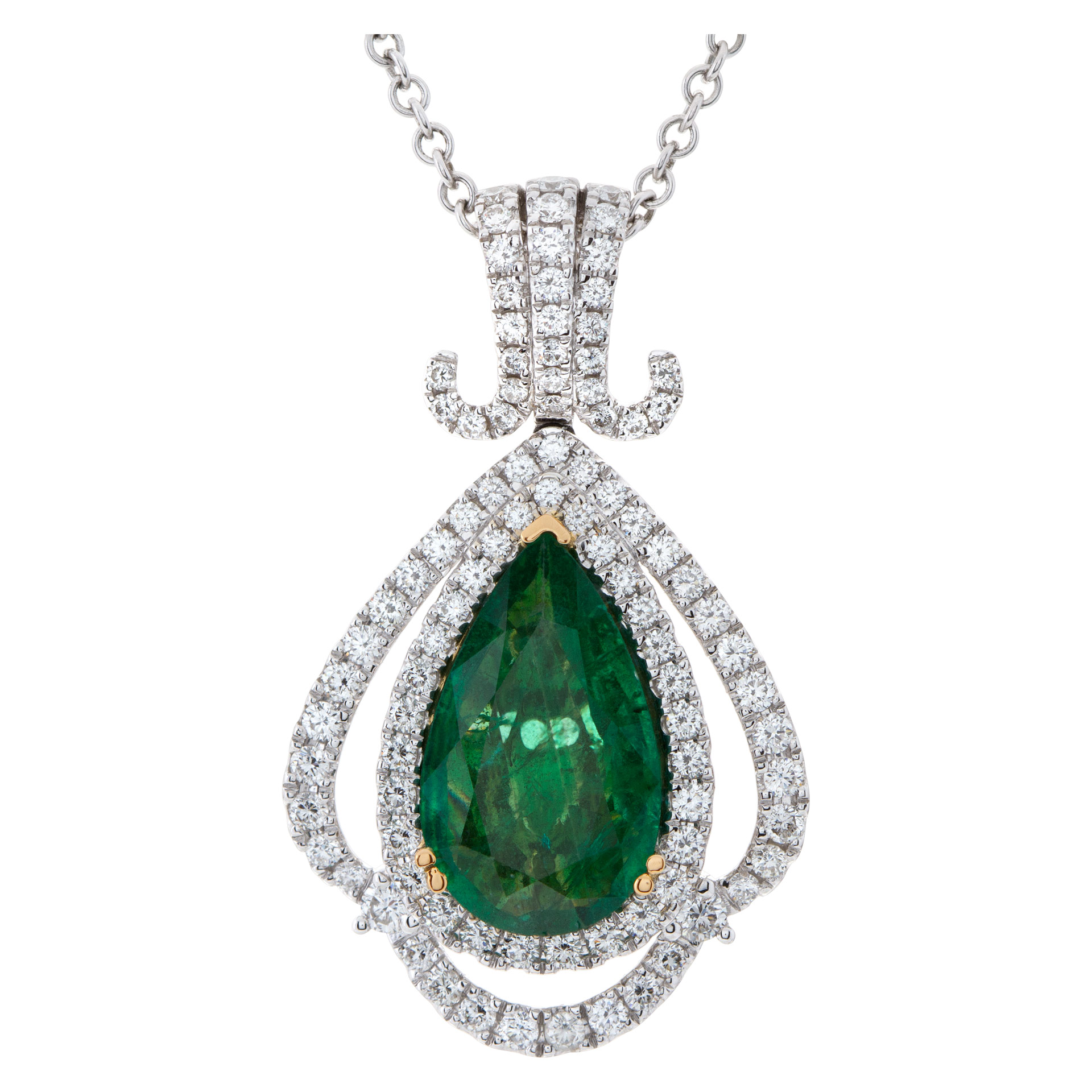Diamond and emerald pendant necklace in 18k white gold