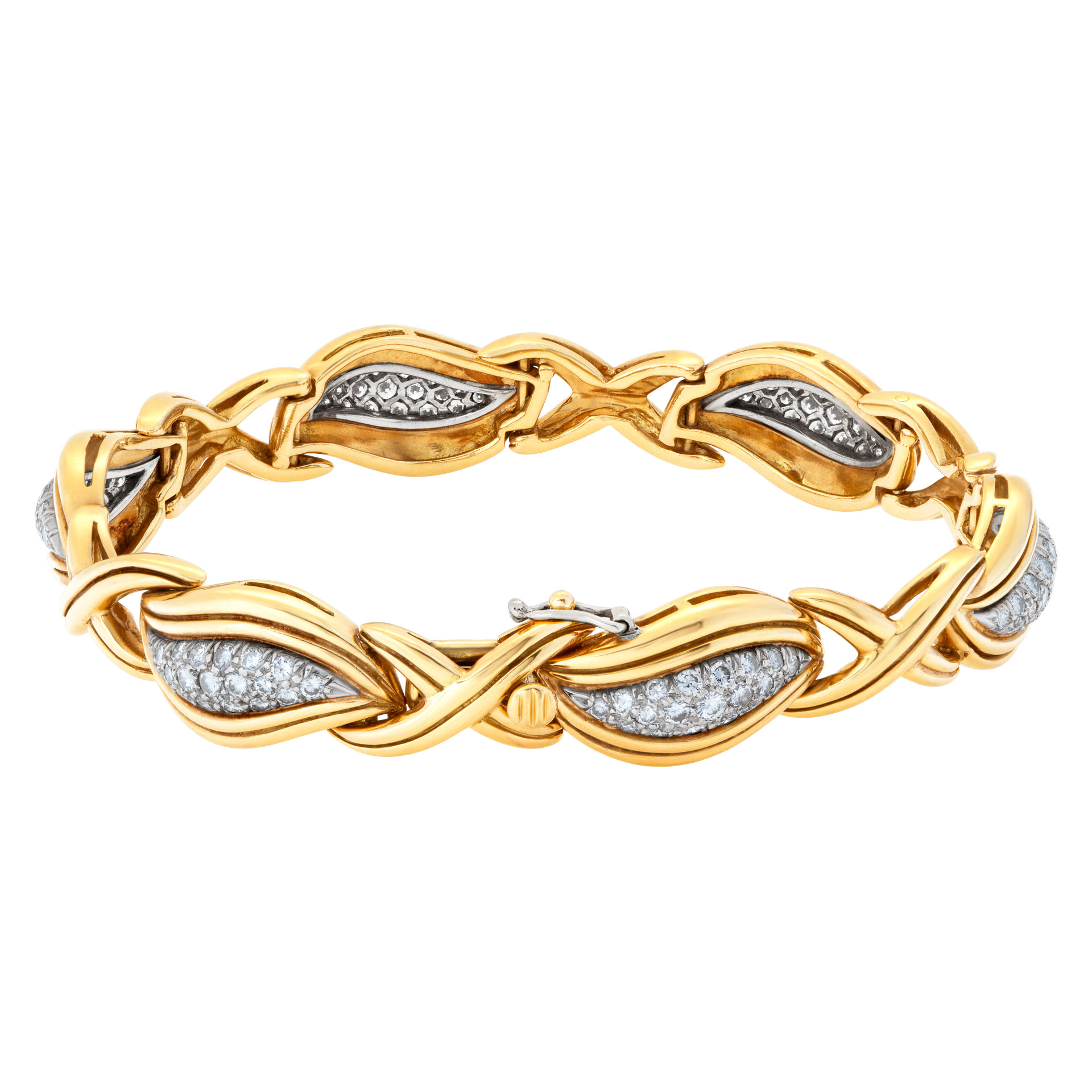 Stylish "Hugs & Kisses" bracelet with over 3.50 carats full cut round brilliant diamonds set in 18K yellow gold.