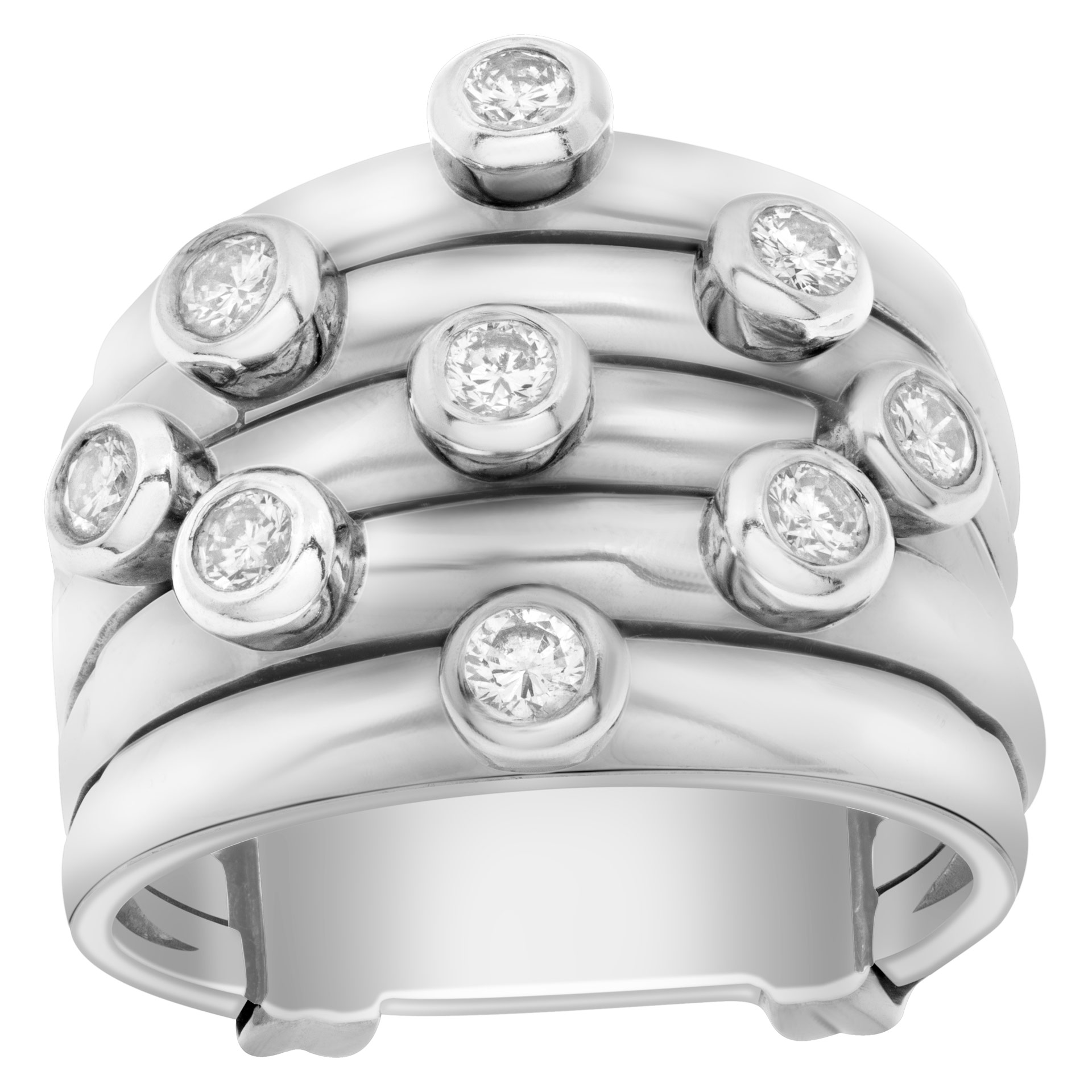 Wide diamonds ring set in 18k white gold. Round brilliant bezeled set diamonds total approx. weight: 1.00 carat