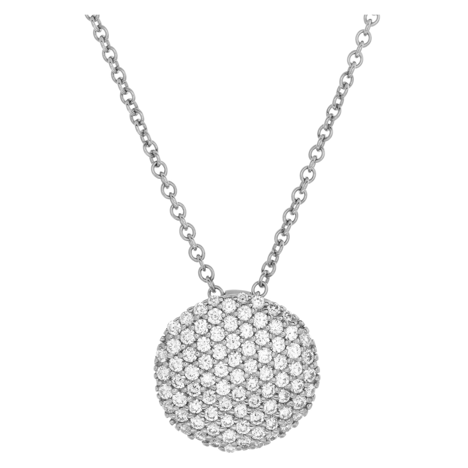 Pave diamond pendant in 18k white gold on 18k white gold chain necklace