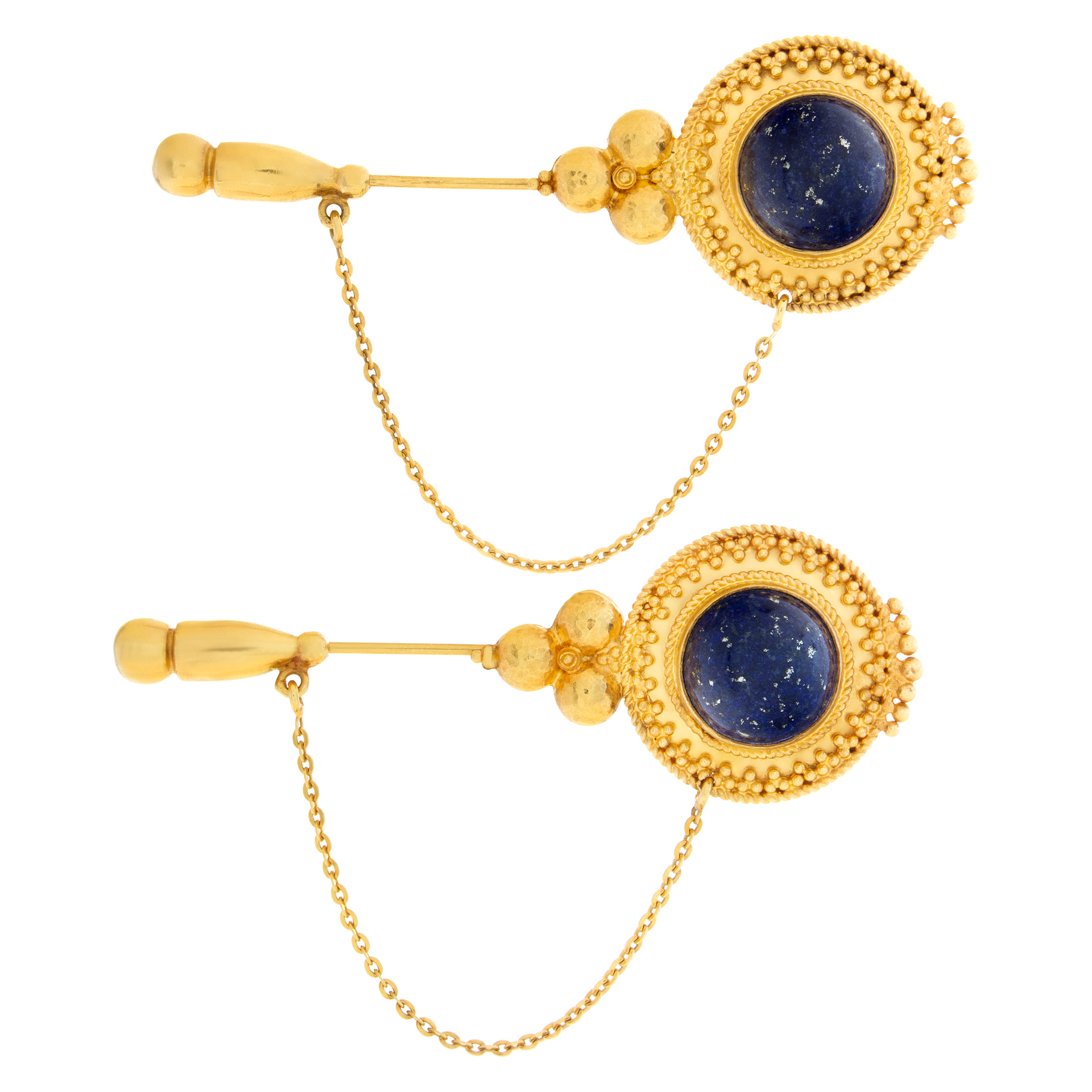 Victorian Etruscan Revival pair of cabochon Lapis Lazuli lapel/jabot pins, set in 18k yellow gold.