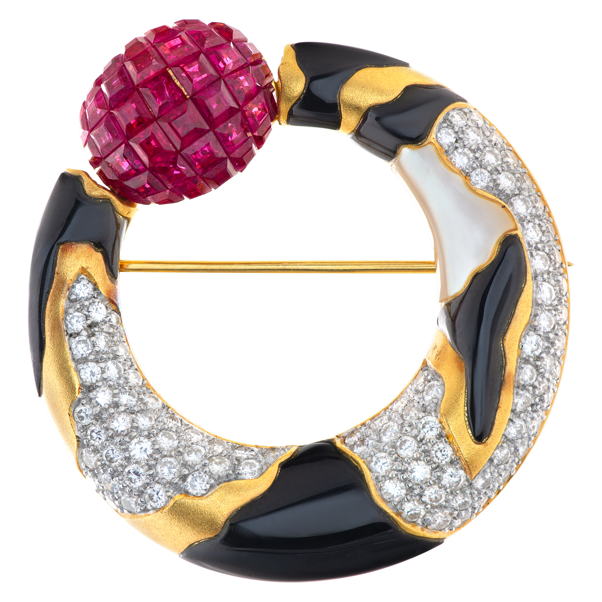 Moon design pin in 18k yellow gold with pave diamonds, mother of pearl, onyx and invisible set rubies.