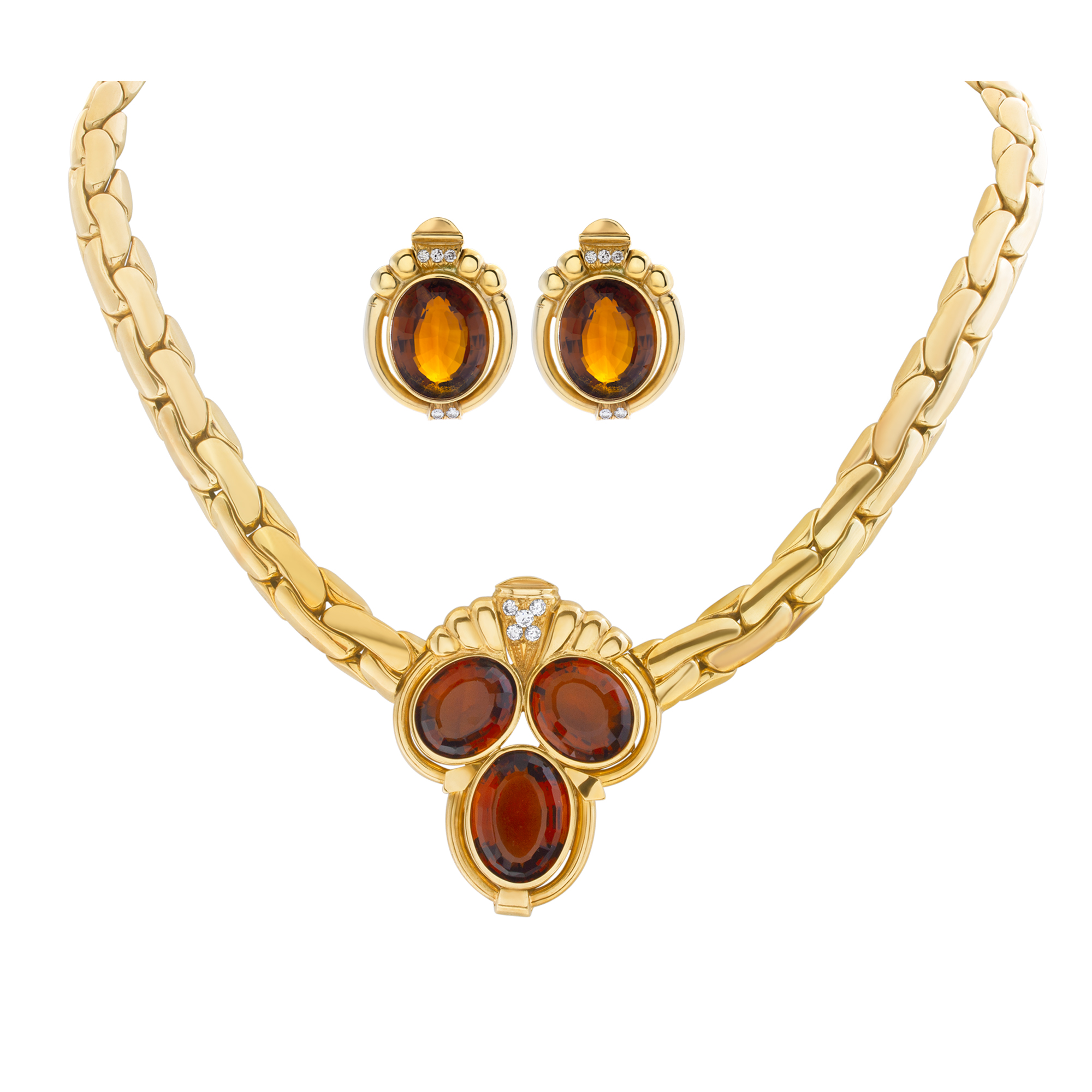 Necklace and Earring set with madeira citrine & diamonds in 18k yellow gold