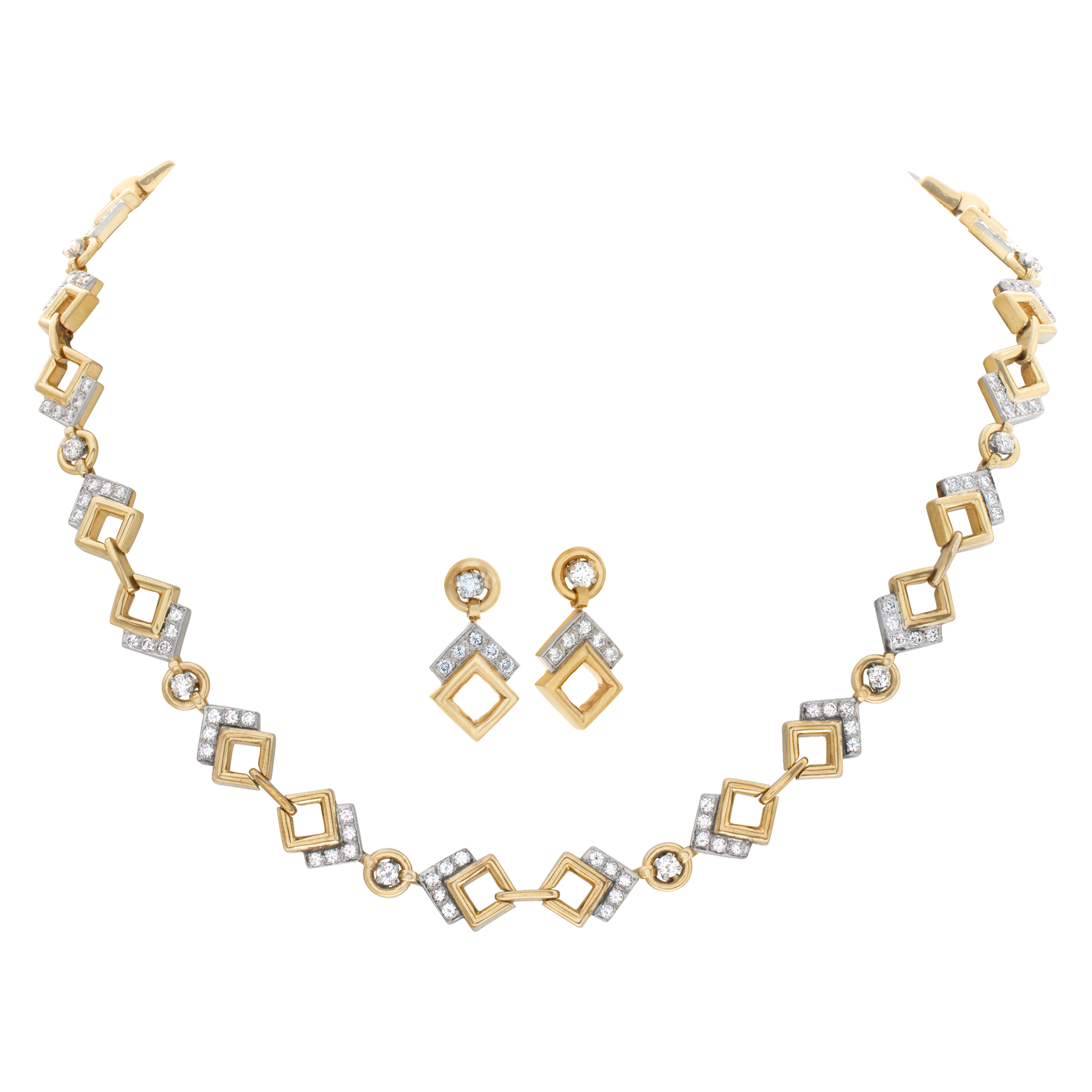 Geometric figures diamond necklace and earrings in 14k yellow and white gold