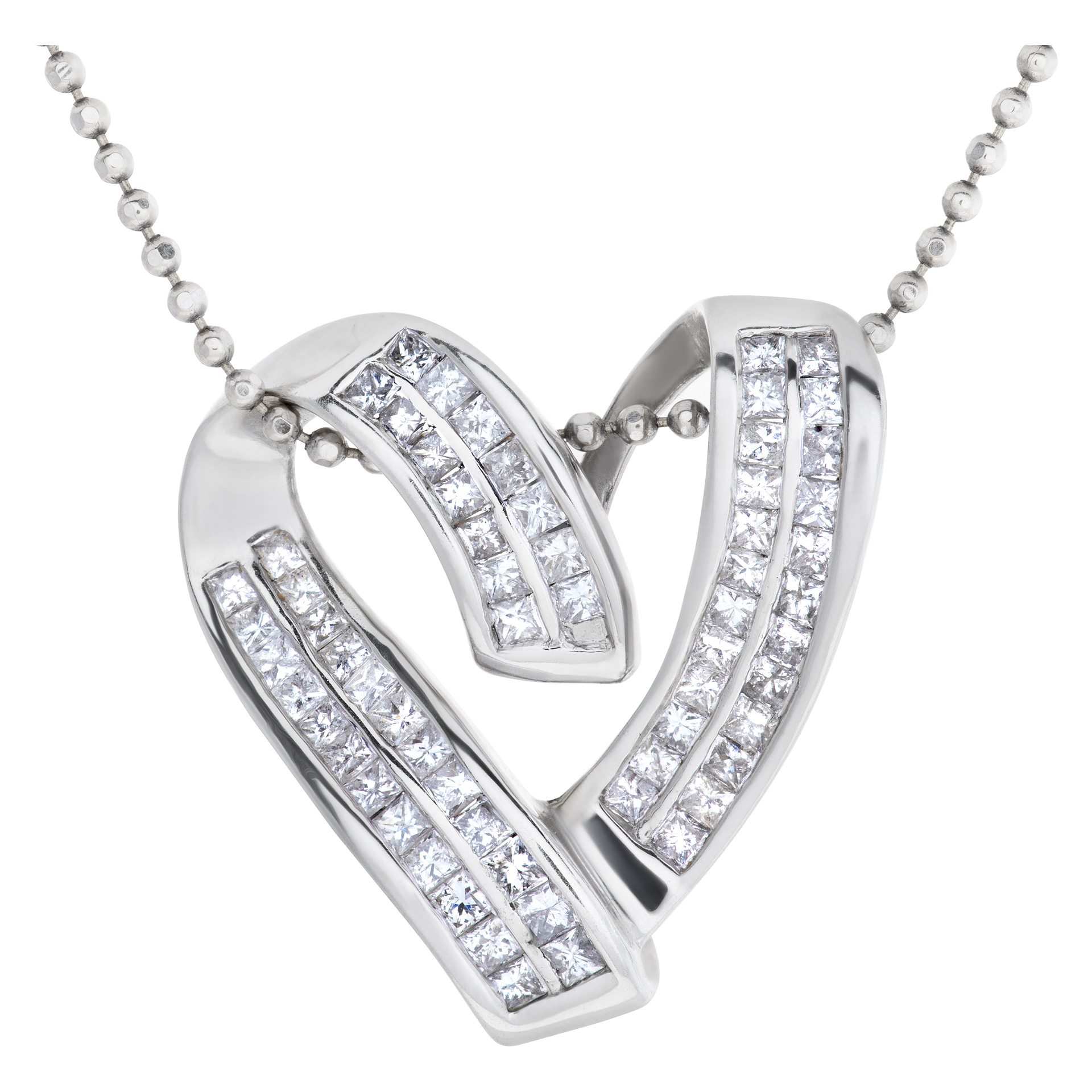 Heart diamond pendant on 18k WG beaded necklace w 1.25 cts in diamonds
