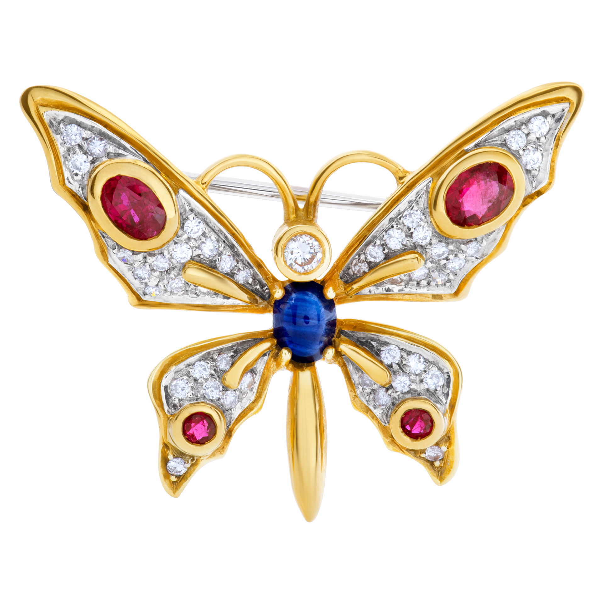 Designer signed "1925 AL" Butterfly pin with rubies, diamonds & cabochon sapphire