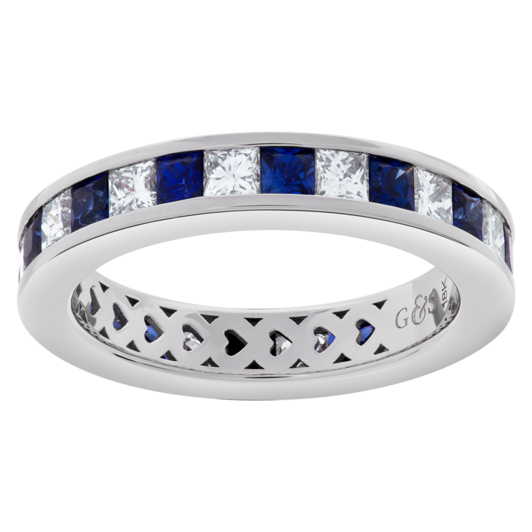 Diamond and blue sapphire eternity ring in 18k white gold