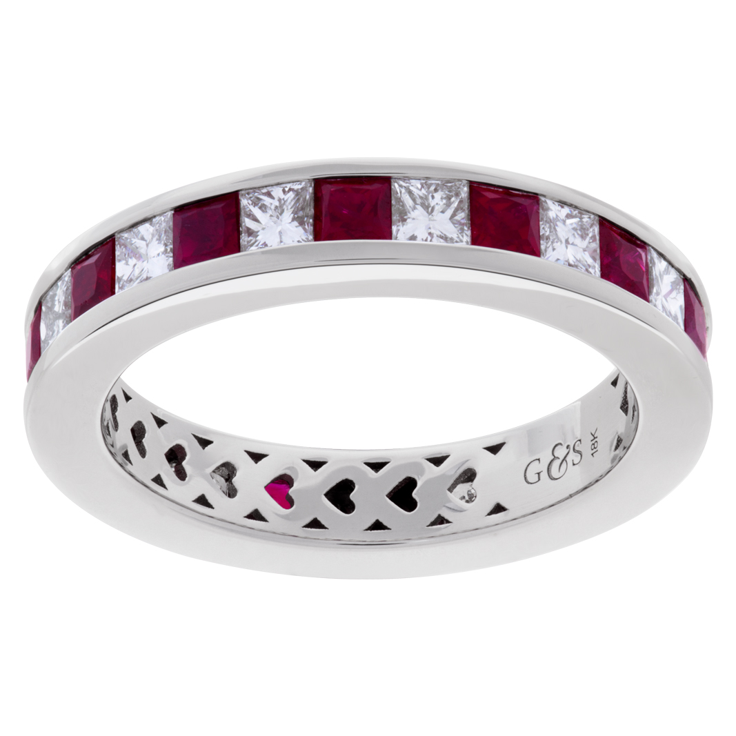 Diamond and red ruby eternity band in 18k white gold