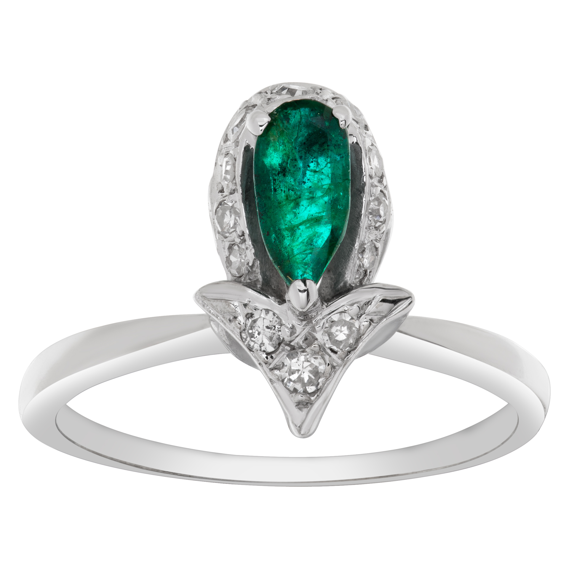 Tear drop Emerald ring with brilliant round cut accent diamonds set in 14k white gold