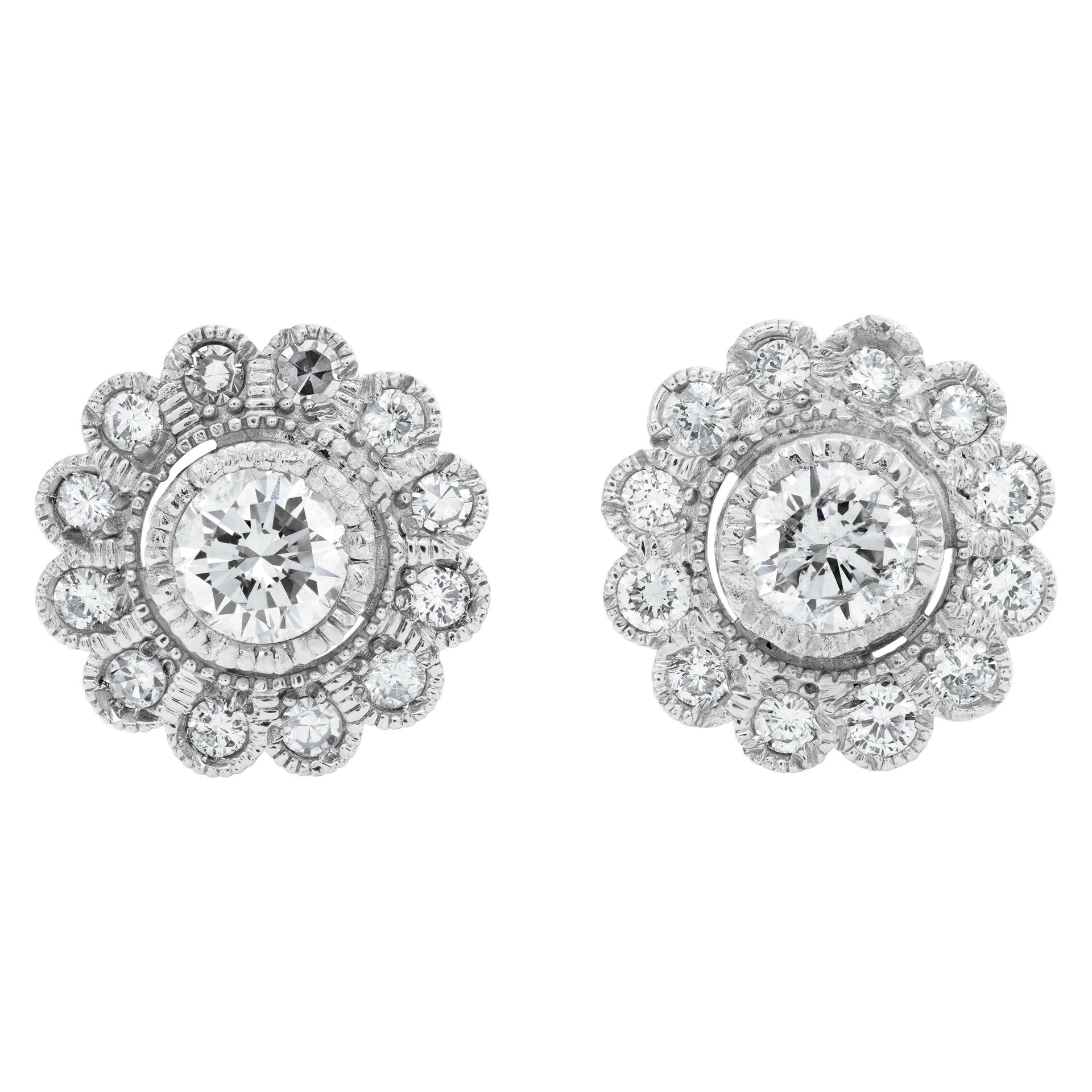 Flower Shaped Diamond Stud earrings full cut brilliant diamond total approx weight= 0.90 cts set in 18k white gold 10mm diameter