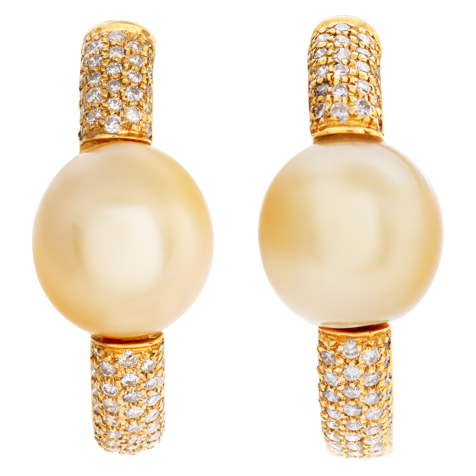 GOlden South Sea parls (11.5 x12mm) & diamonds hoops earrings set in 18K yellow gold.