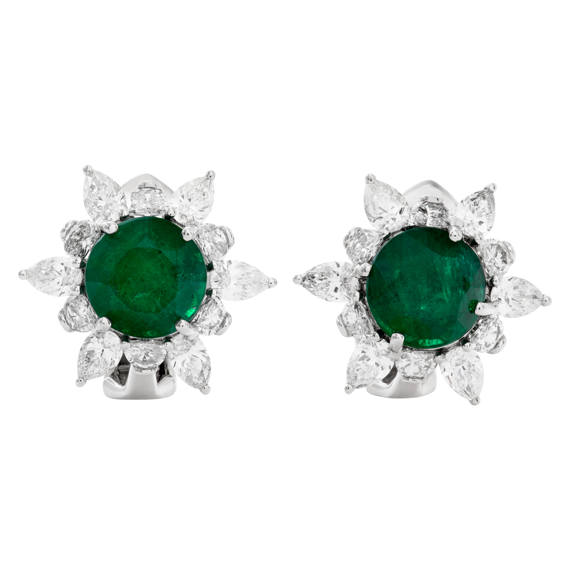 Elegant round African emerald and diamond earrings in platinum