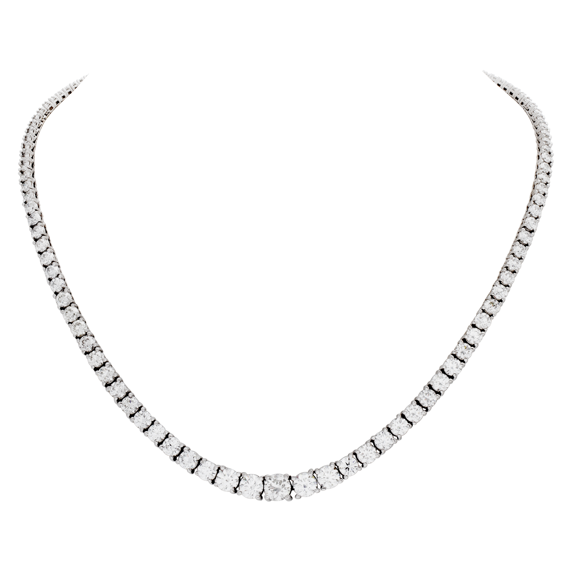 Diamond Riviera necklace with center GIA certified diamond (0.90 carat) and over 17.73 carats full cut round brilliant diamonds, in 18k White gold