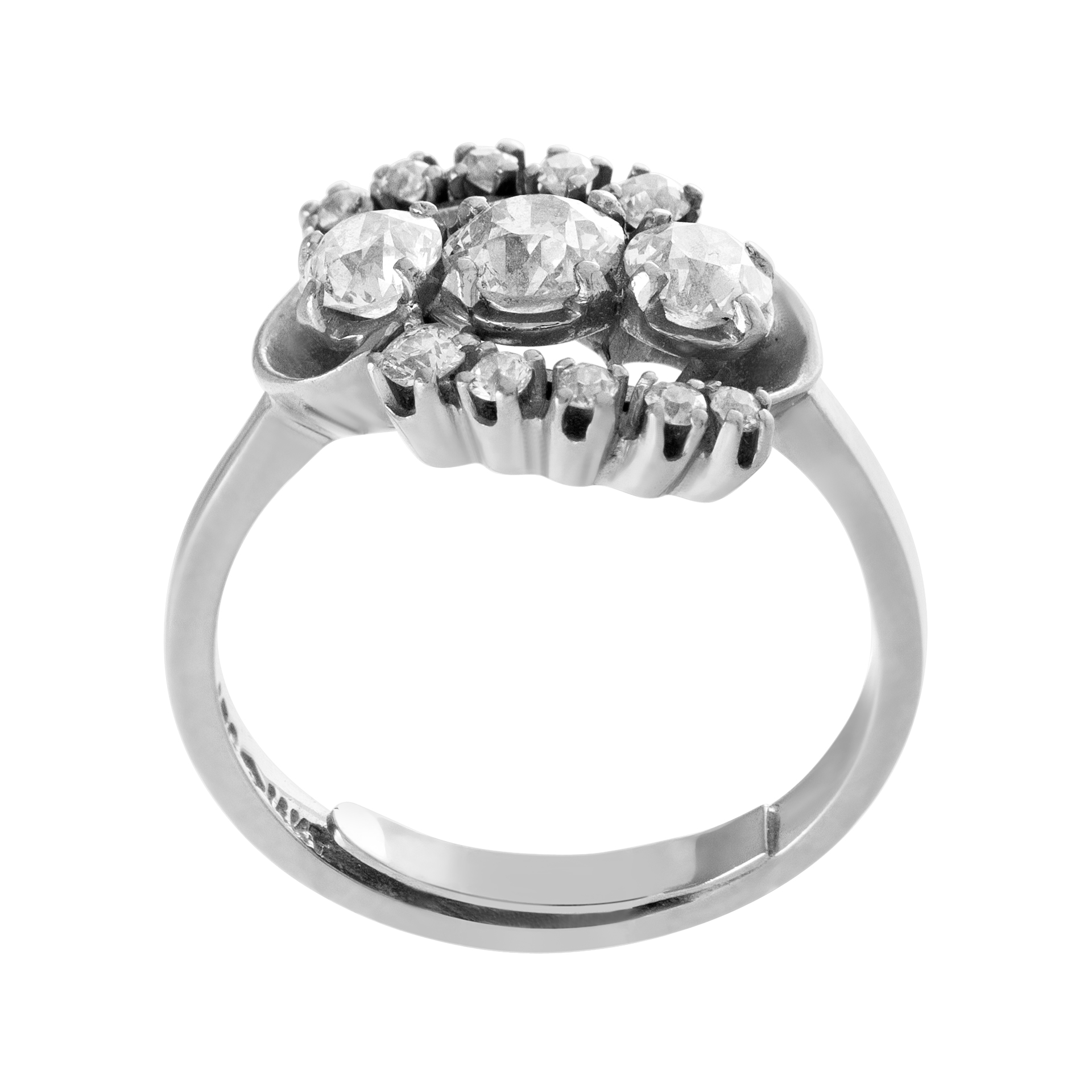 "Past, Present, Future" 3 European cut diamond ring set in 14K white gold